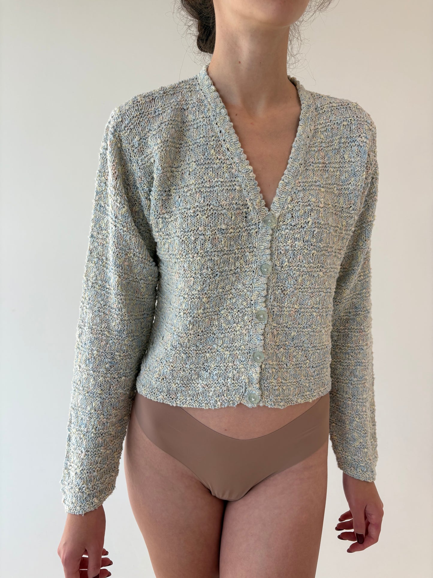 Cardigan vintage din jerse texturat baby Blue și camel din bumbac greu