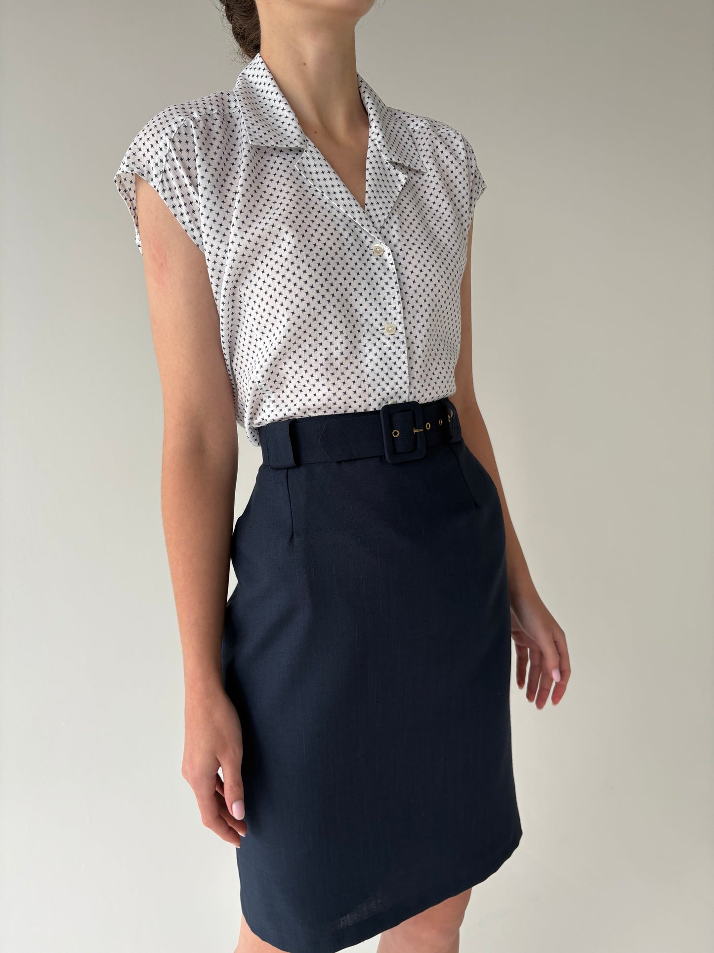 Fustă vintage Navy din pânză cu centura proprie