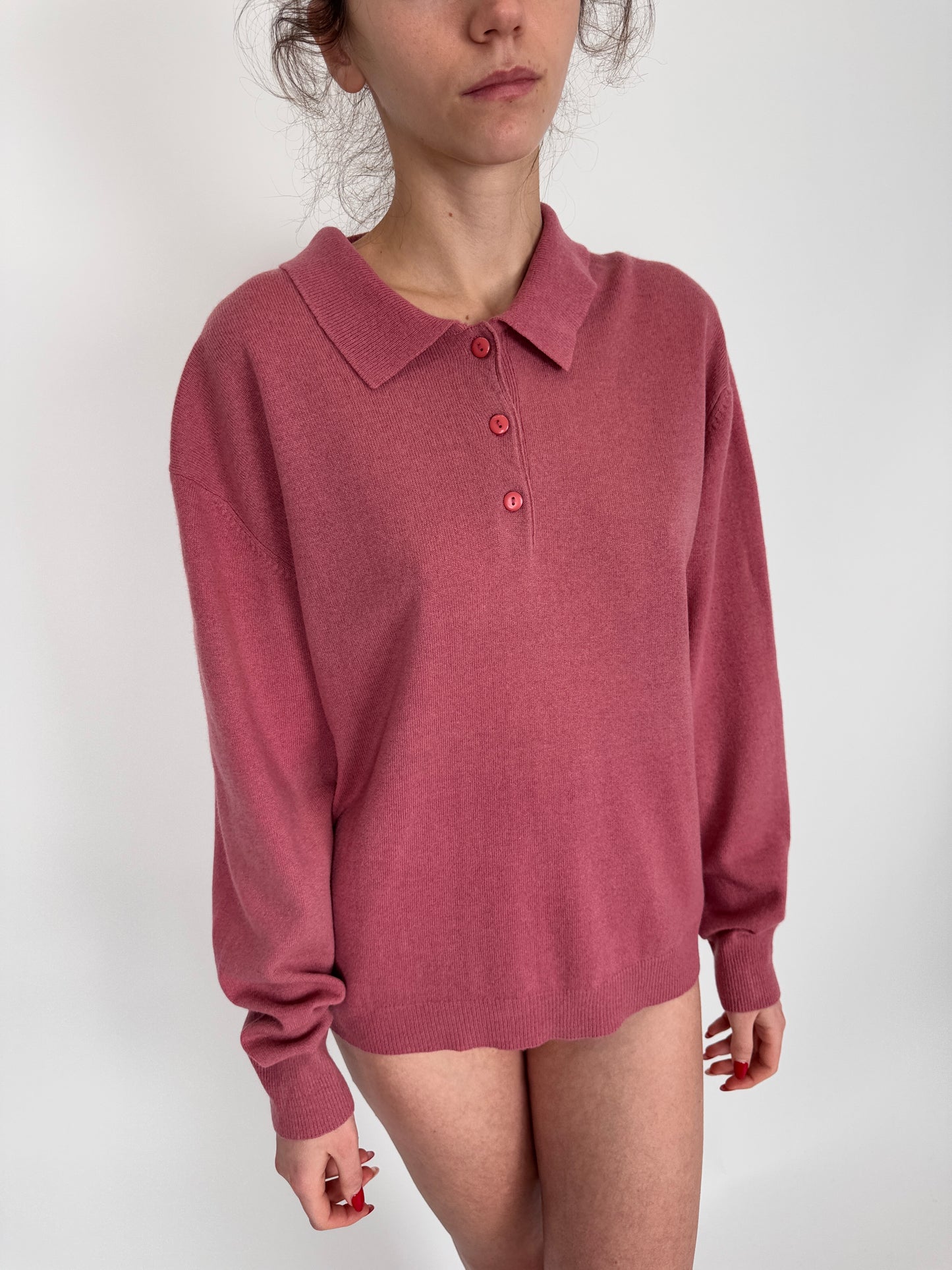 Pulover tall polo grapefruit pink din lana extrafina