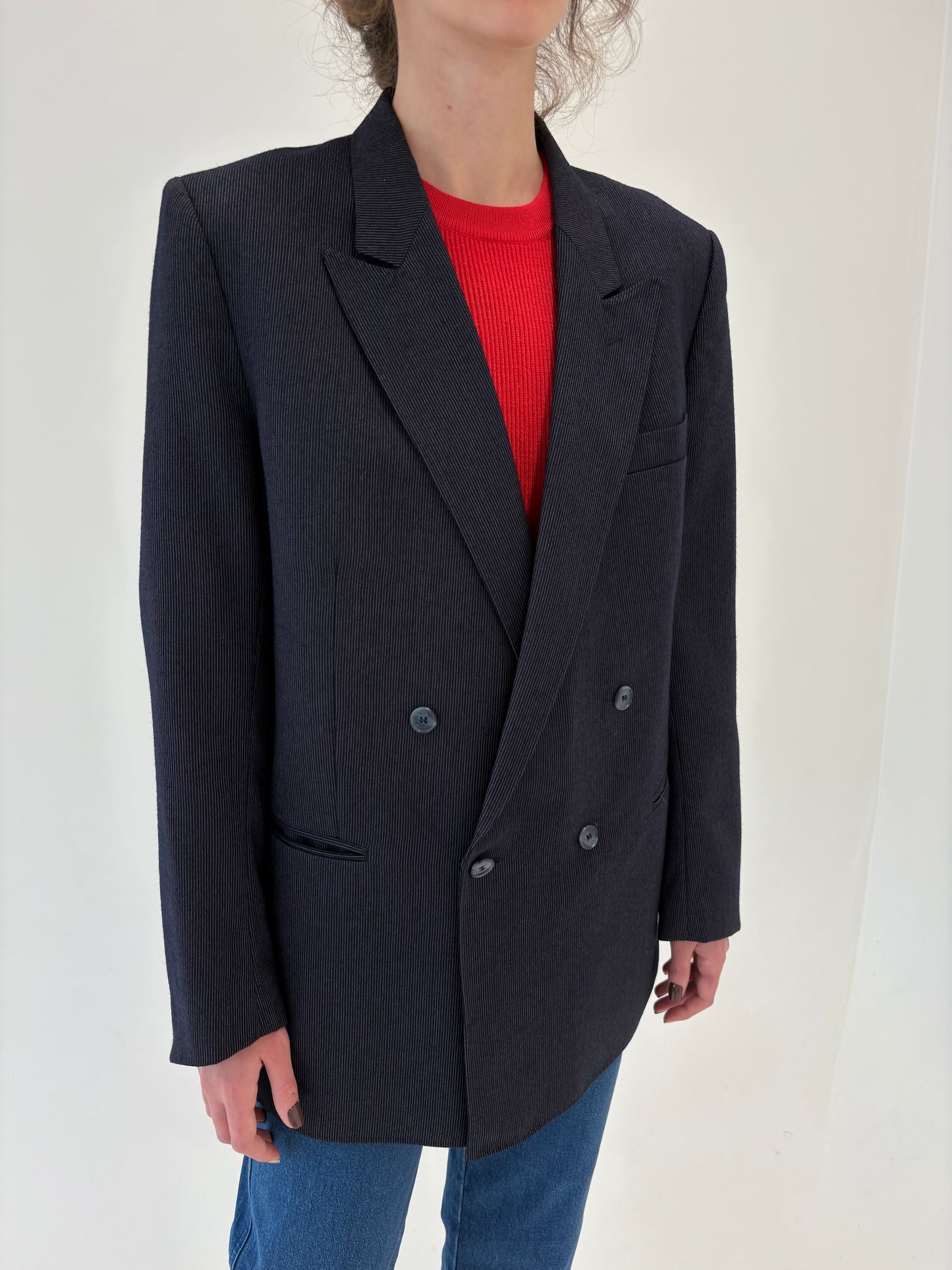 Sacou Navy cu închidere dublă din stofă de lana ușor structurată