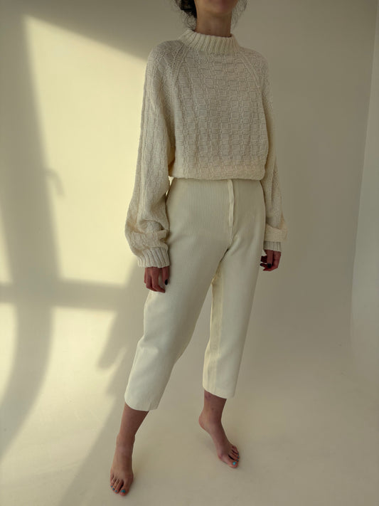 Pantaloni vintage petite butter white din corduroy cu talie ultra înaltă mom fit