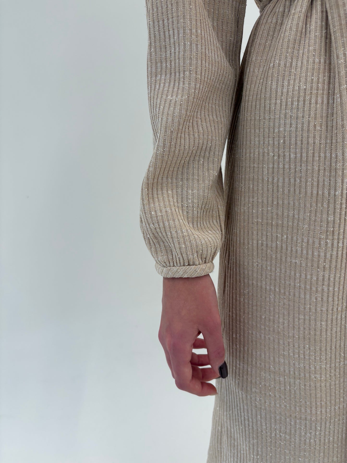 Rochie vintage light nude tricot ribbed cu lana și talie marcată reglabilă