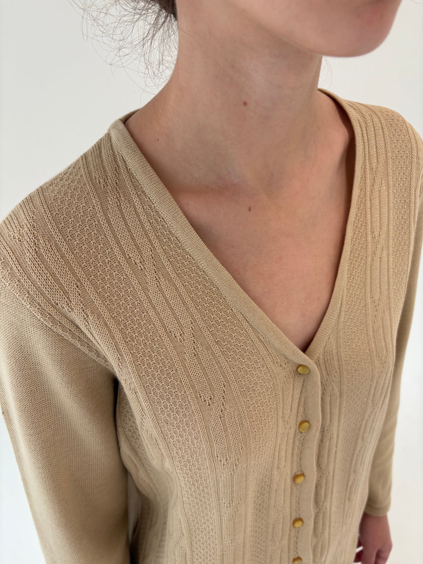 Cardigan vintage camel din lana extrafina cu torsade