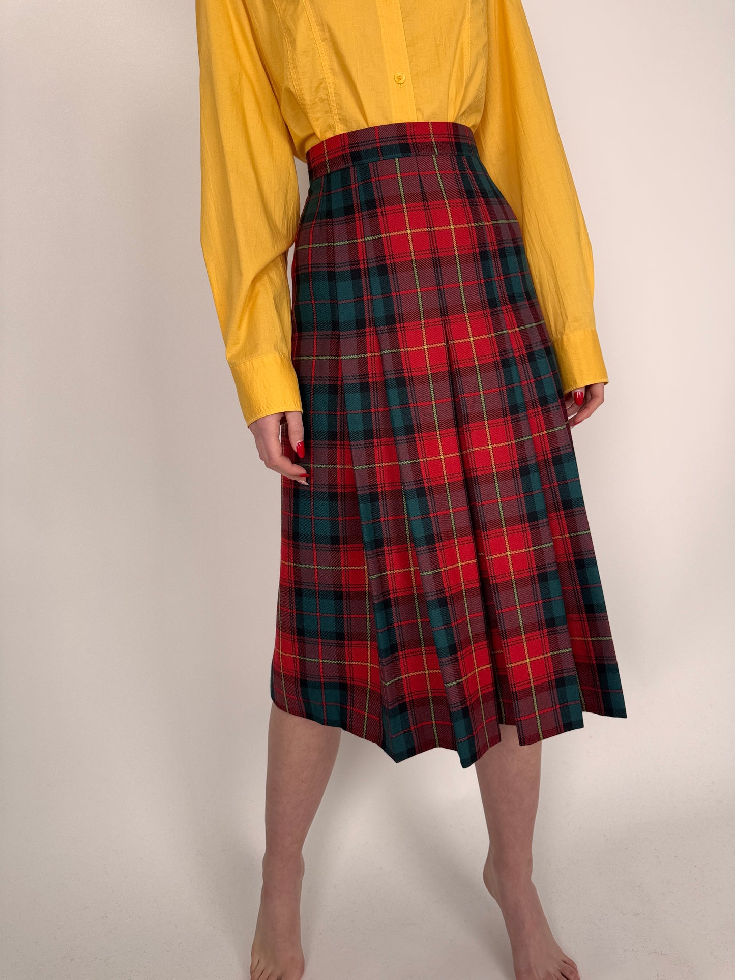 Fustă plisată cu talie înaltă marcată din Tartan excepțional de lana