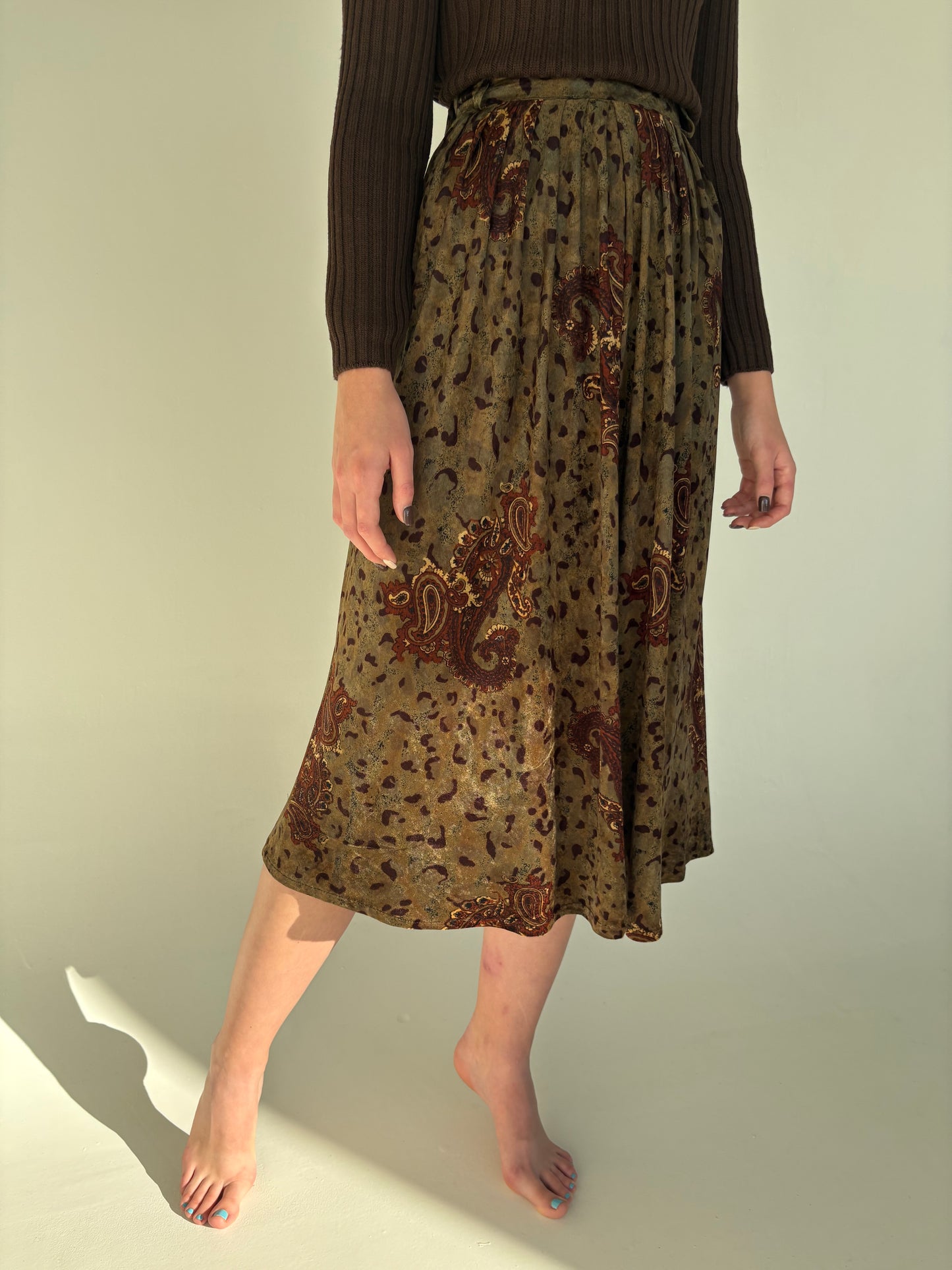 Fustă kaki vintage din catifea cu print paisley și talie ultra înaltă midi spre maxi
