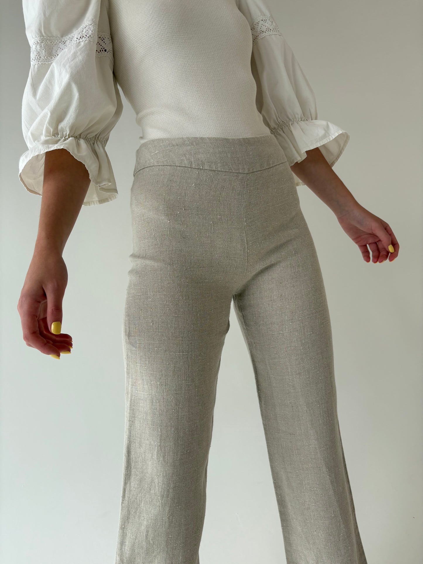 Pantaloni tall din pânză grea de in light nude