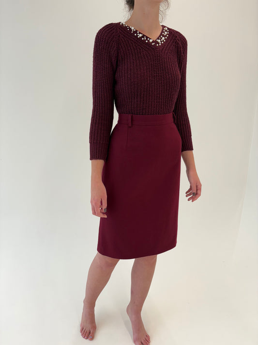 Fustă vintage burgundy cu talie ultra înaltă din stofă de lana merino