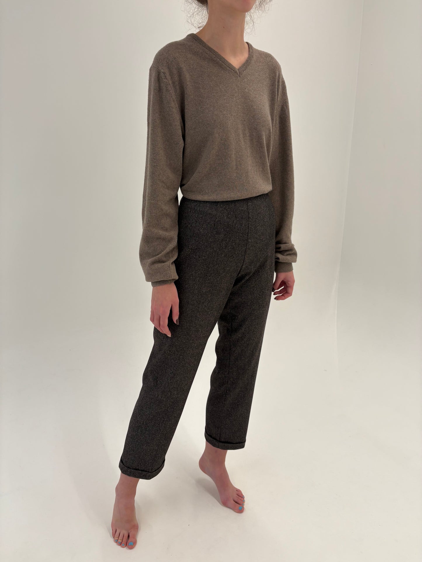 Pantaloni din stofă strech cu inserții ivoire și Sage green din mix de lana