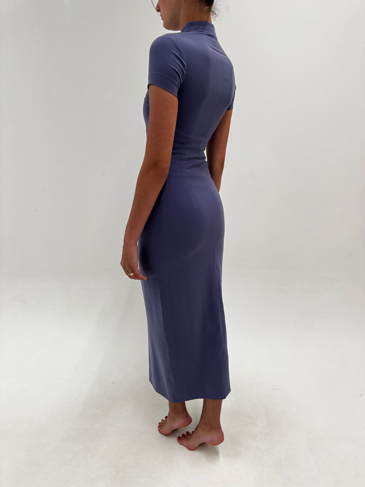 Rochie maxi cu influențe asiatice dusty lavender de cocktail din crep gros