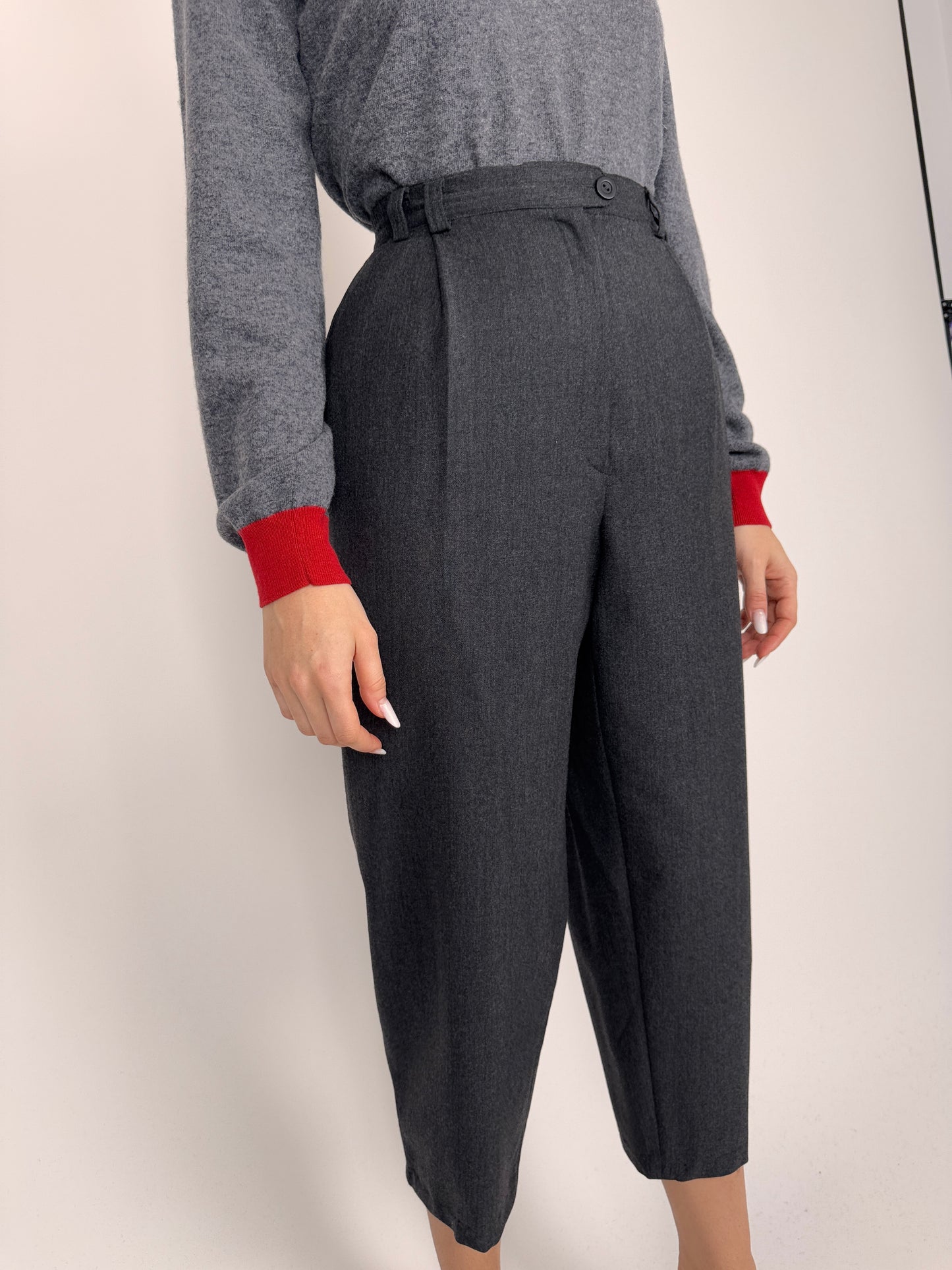 Pantaloni petite cu talie înaltă elastică charcoal gray din lana extrafina