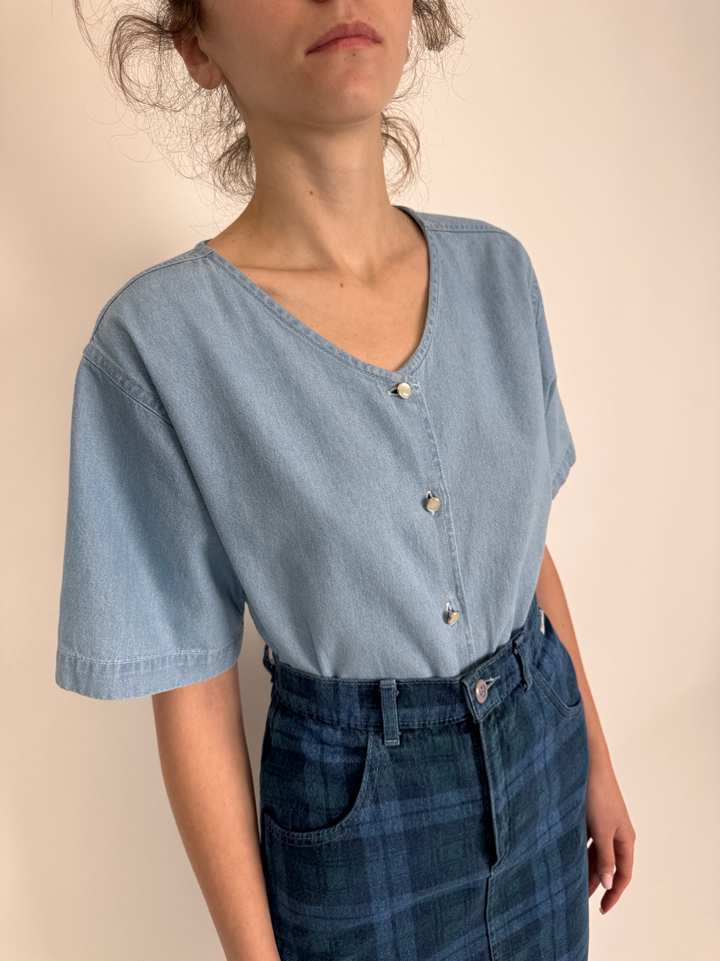 Top din jeans moale de bumbac light wash