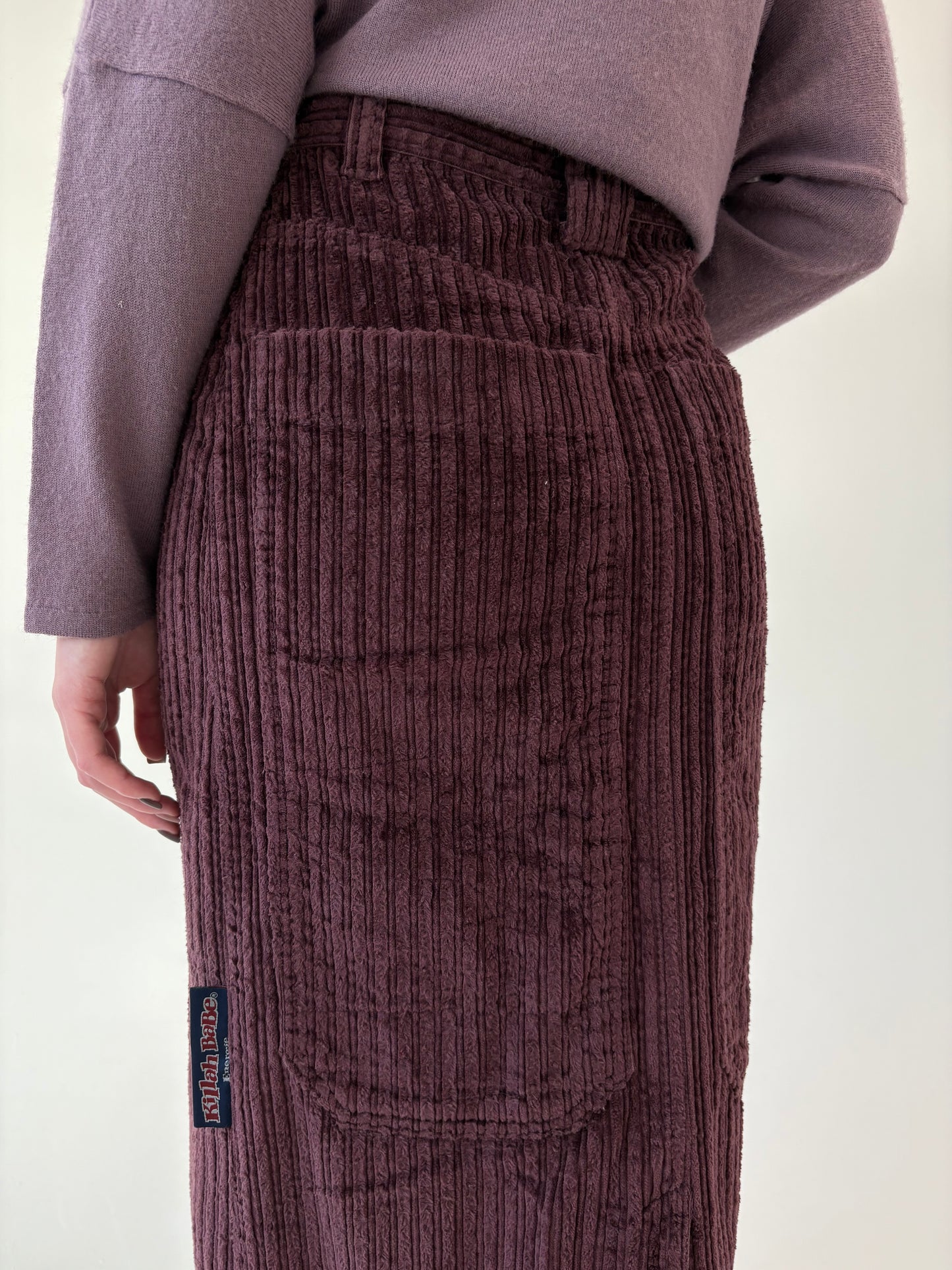 Fustă vintage maxi aubergine din corduroy cu talie ultra înaltă