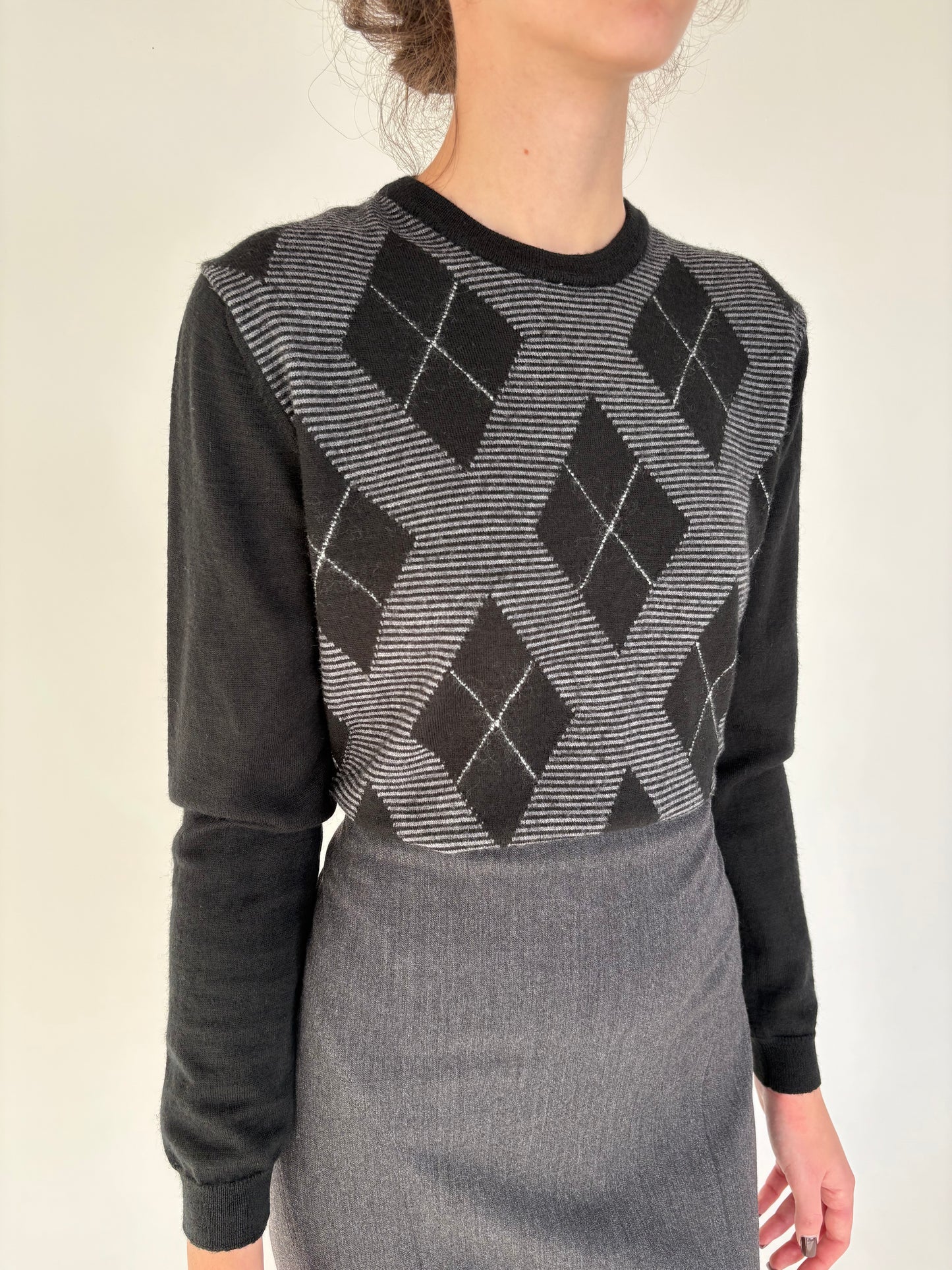 Pulover negru din lana merino extrafina cu romburi