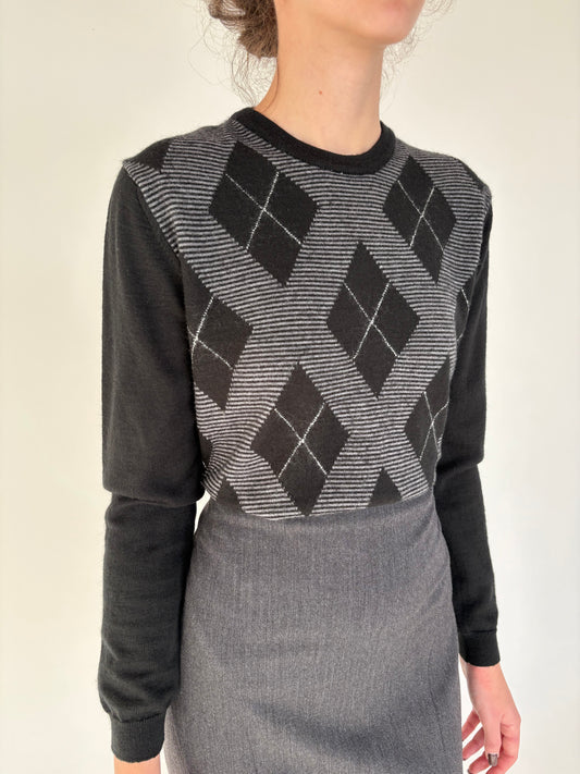 Pulover negru din lana merino extrafina cu romburi