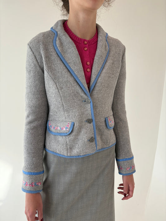 Sacou vintage cambrat și inserții baby Blue și powder pink din lana extrafina