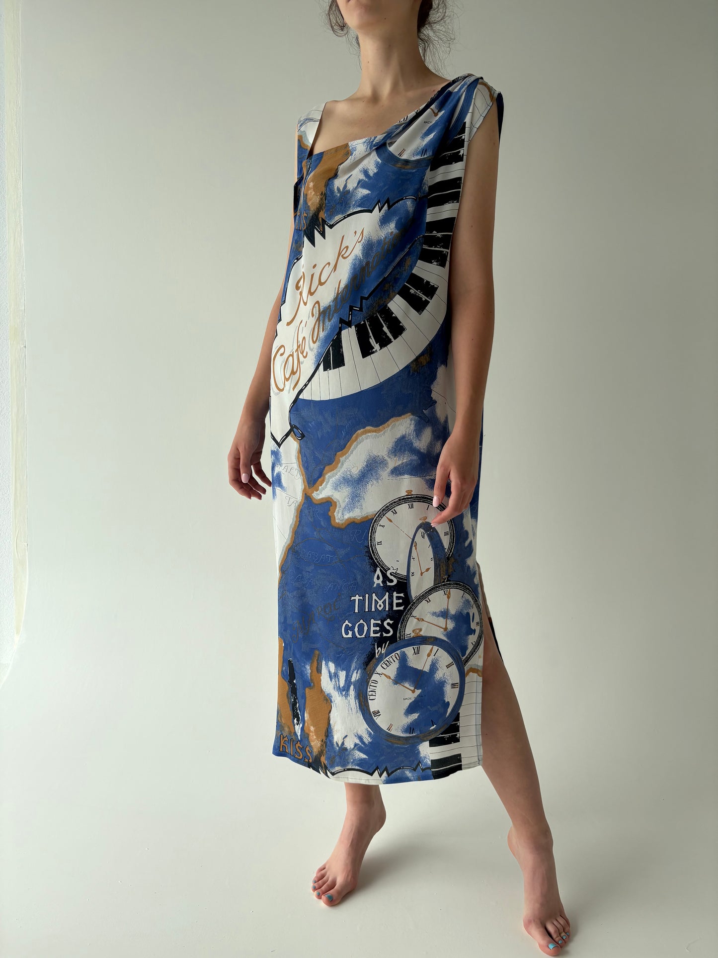 Rochie vintage din mătase naturală în croi asimetric