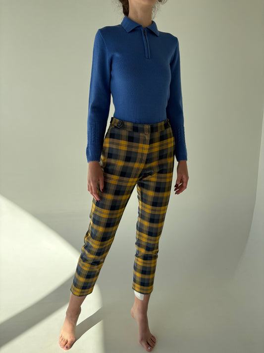 Pantaloni în carouri cu manșetă din stofita modelatoare din mix de lana extrafina