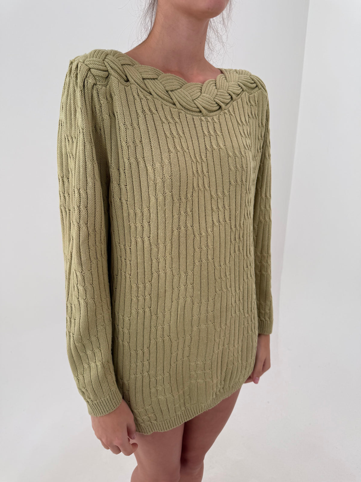 Pulover vintage olive green cu torsade și împletitură superbă din mix de lana extrafina