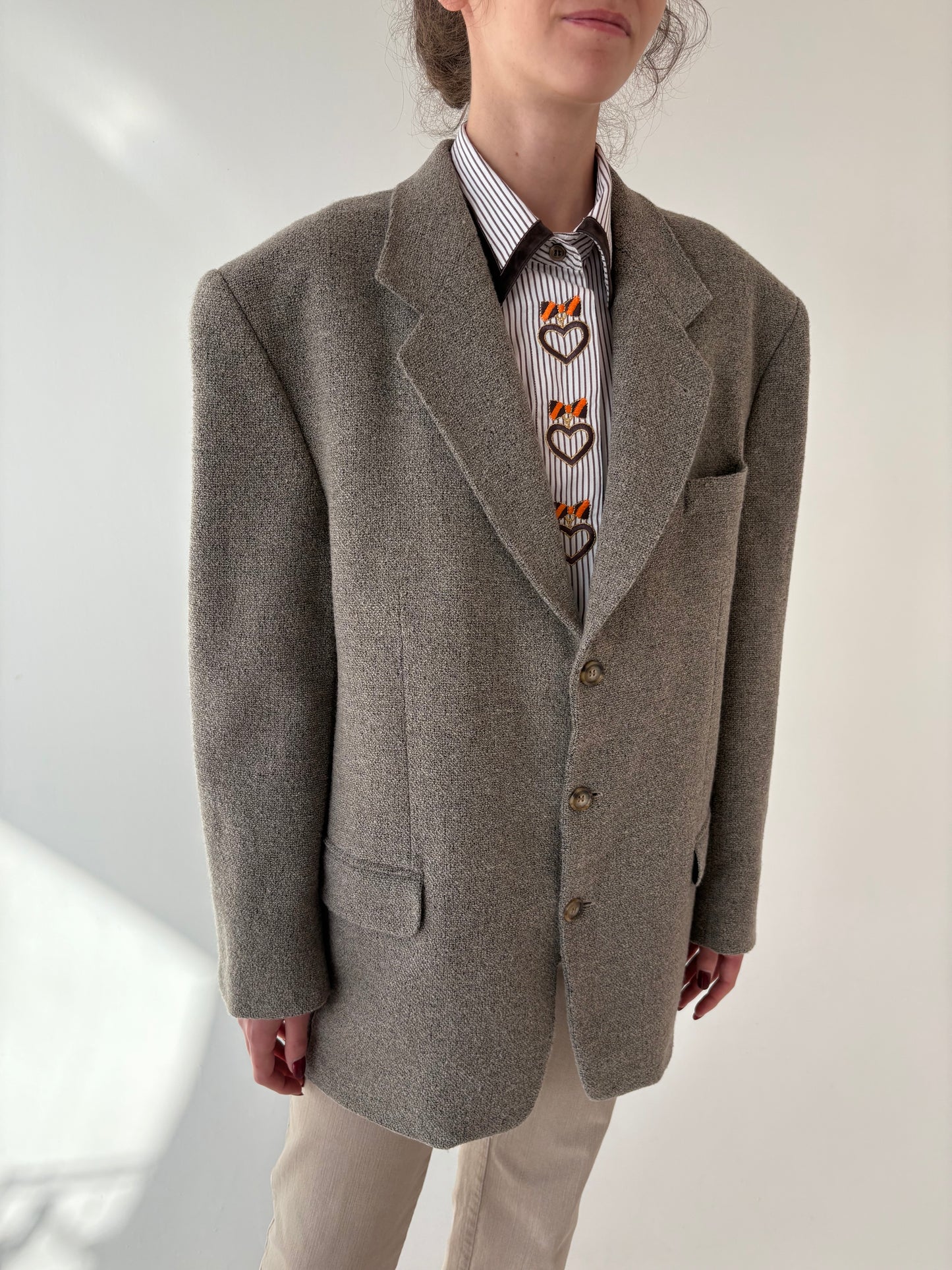 Sacou vintage grej din boucle scurt de lana extrafina
