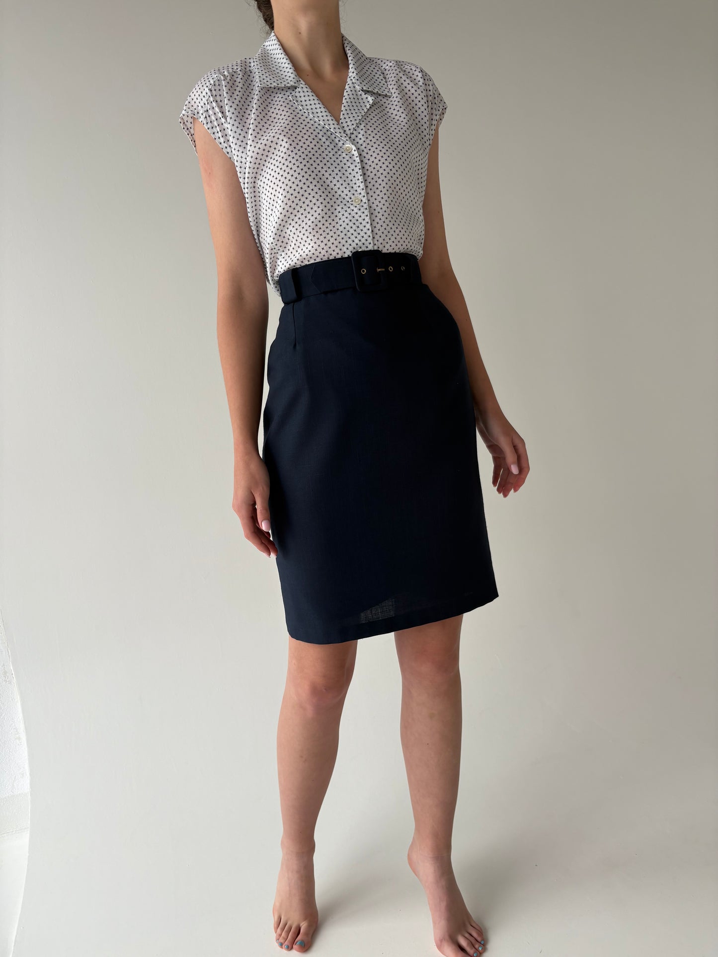 Fustă vintage Navy din pânză cu centura proprie