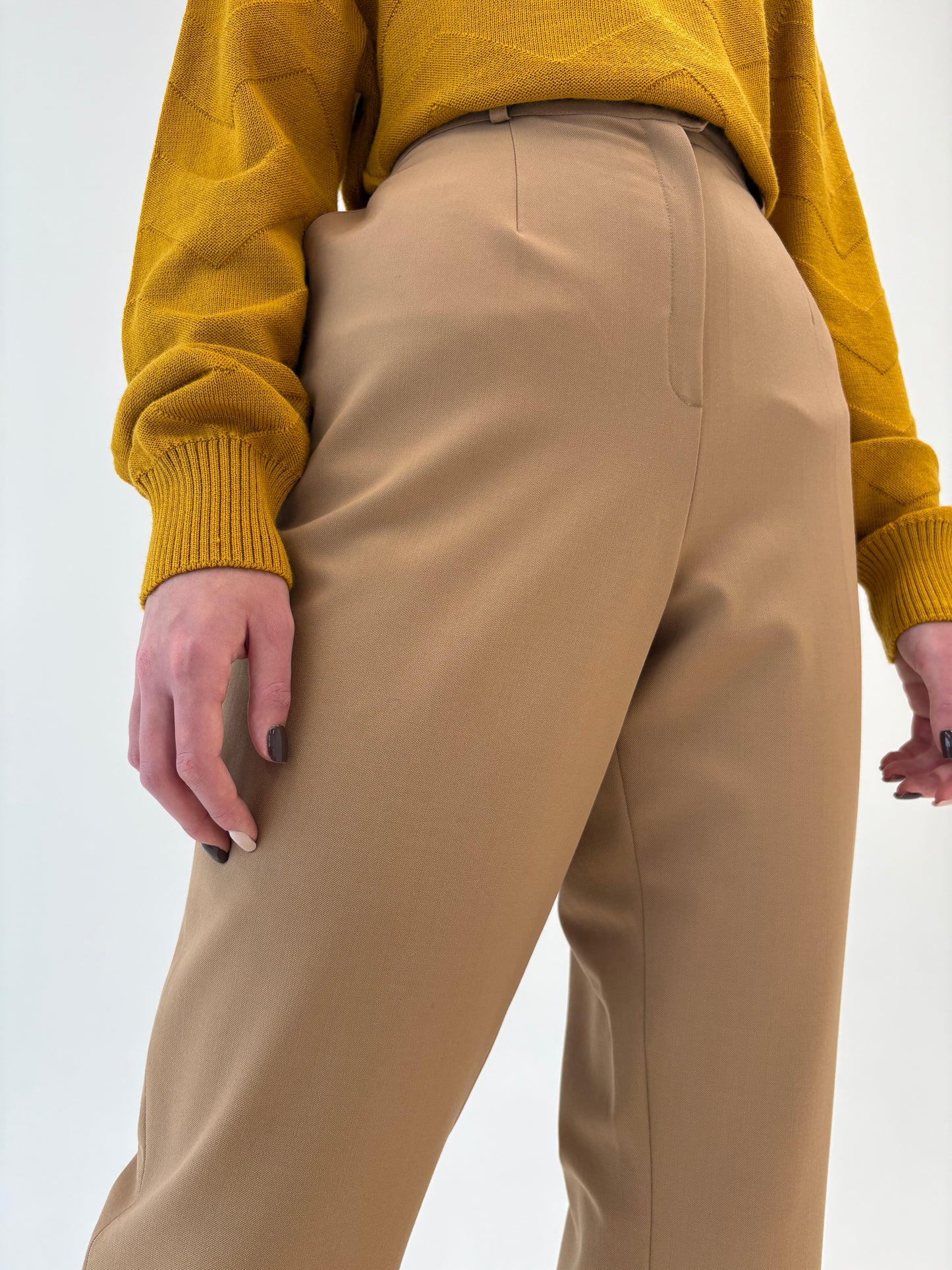 Pantaloni tall camel din lana extrafina cu talie ultra înaltă elastică