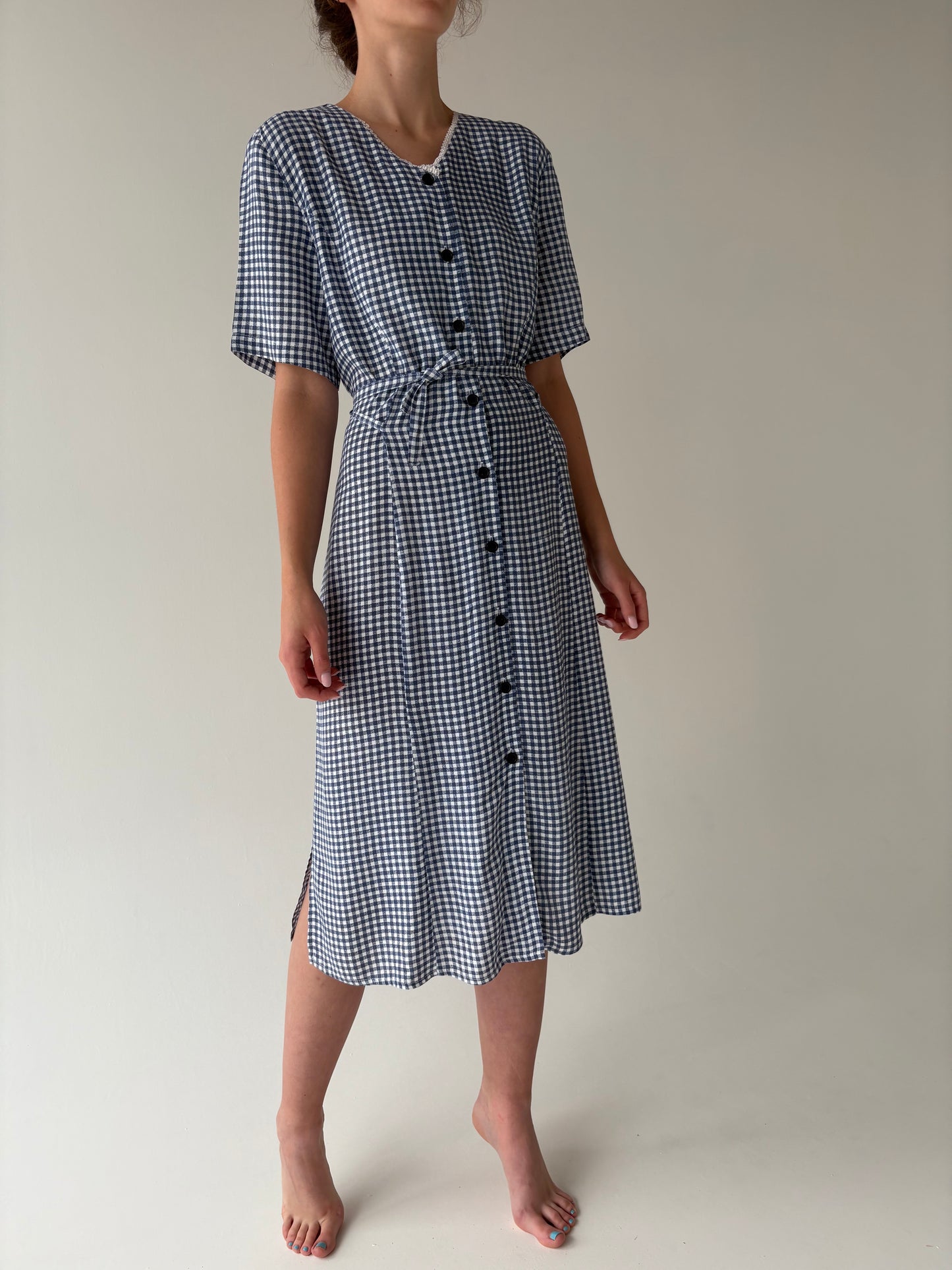 Rochie vintage gingham super vaporoasă cu talie reglabilă