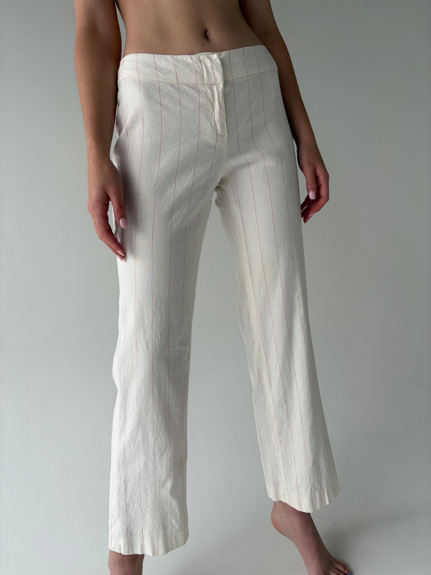 Pantaloni cu dungi fine verticale roz pudrat de brand luxury italian