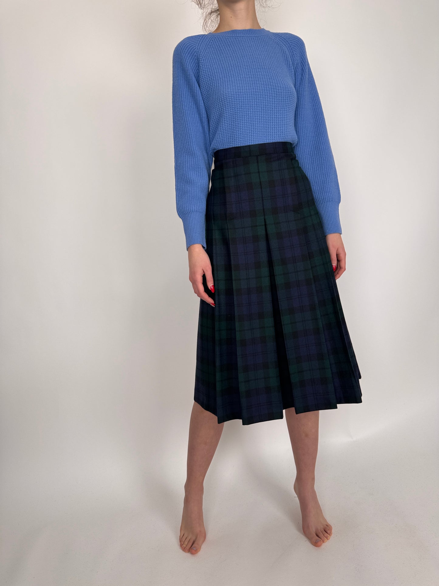 Fustă plisată cu talie înaltă marcată din Tartan de lana pura certificată