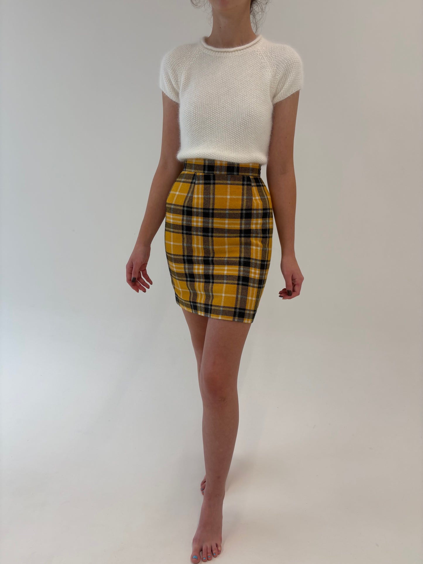 Fustă conică cu talie ultra înaltă marcată din Tartan de lana