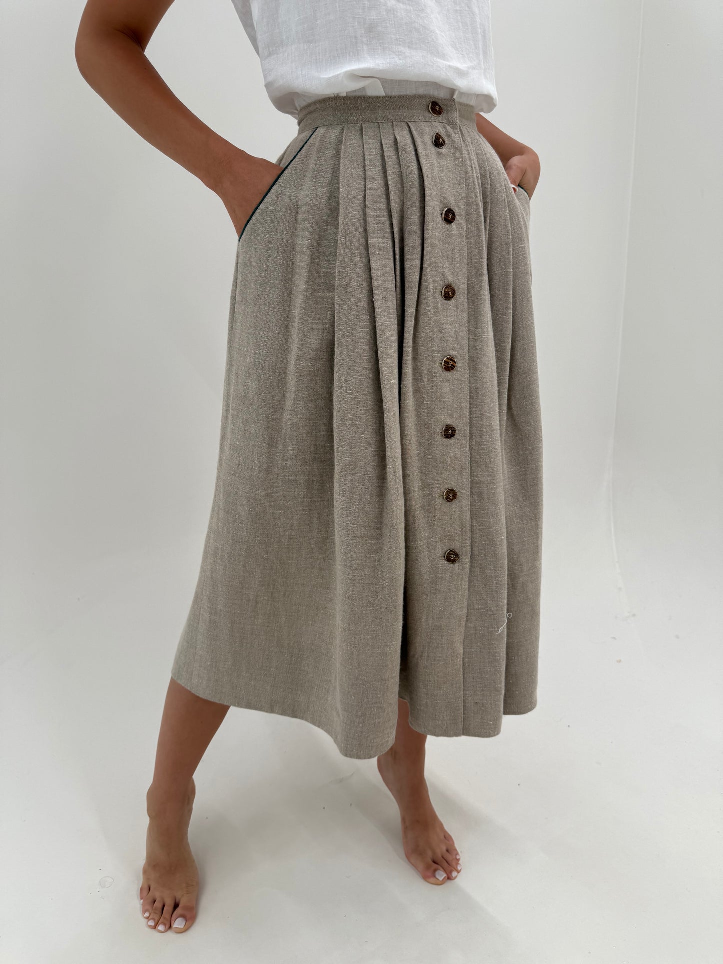 Fusta vintage maxi din pânză grea de in sand nude cu buzunare