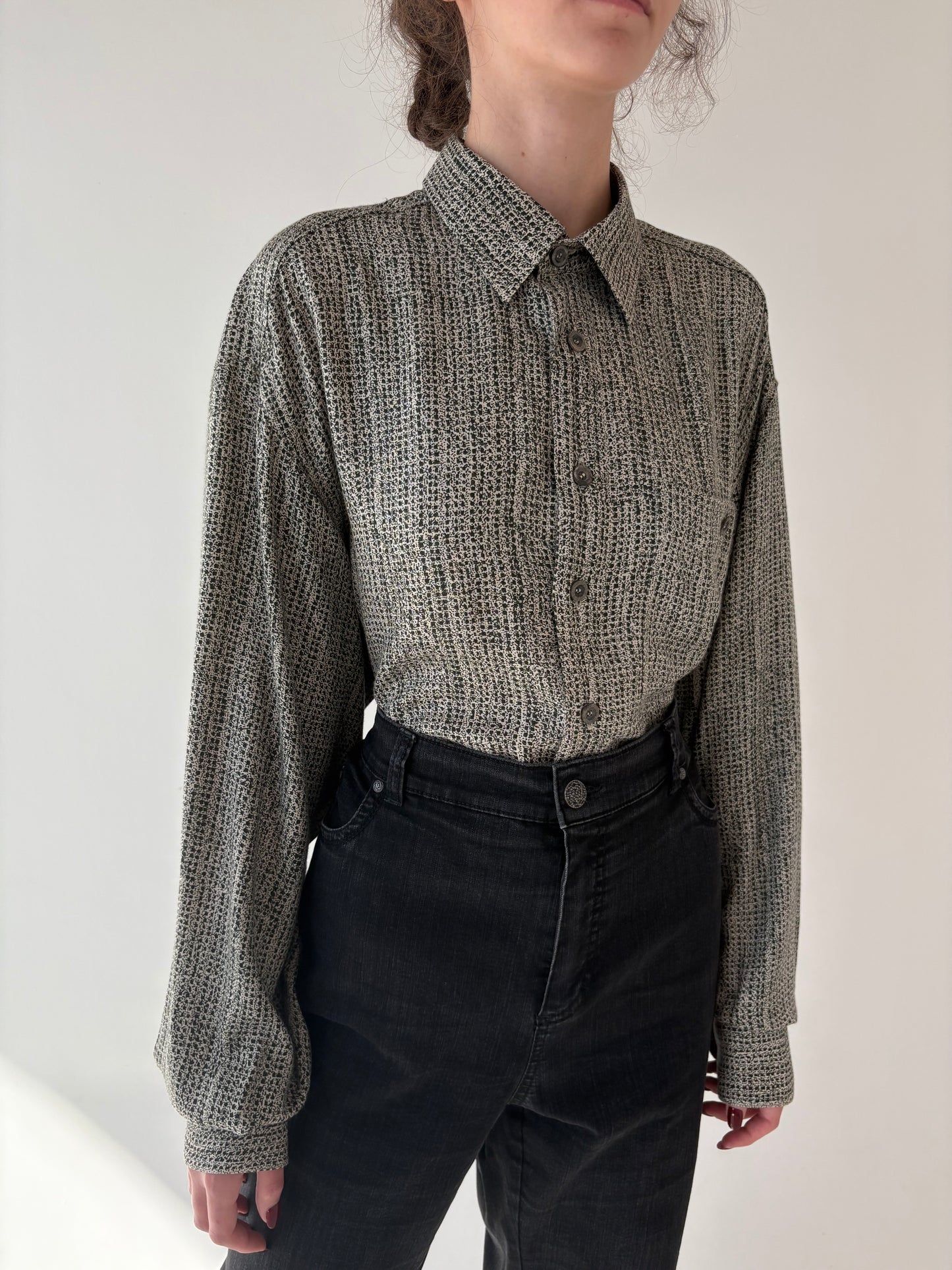 Cămașa vintage din poplin super moale gros și print alb negru