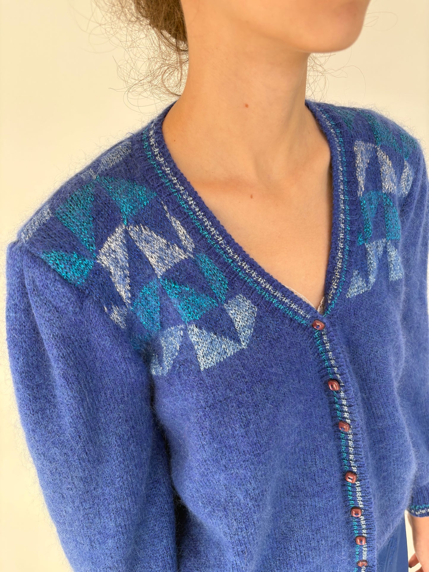 Cardigan vintage petite gros albastru regal din baby mohair