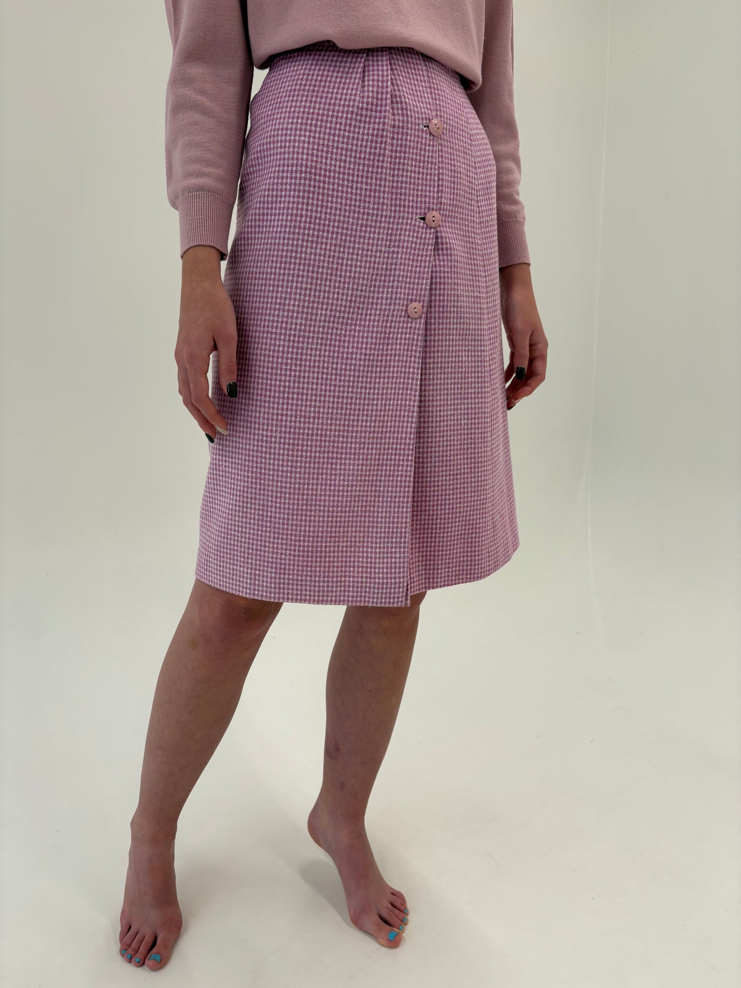 Fustă din lana plina în carouri baby pink și ivoire și talie ultra înaltă