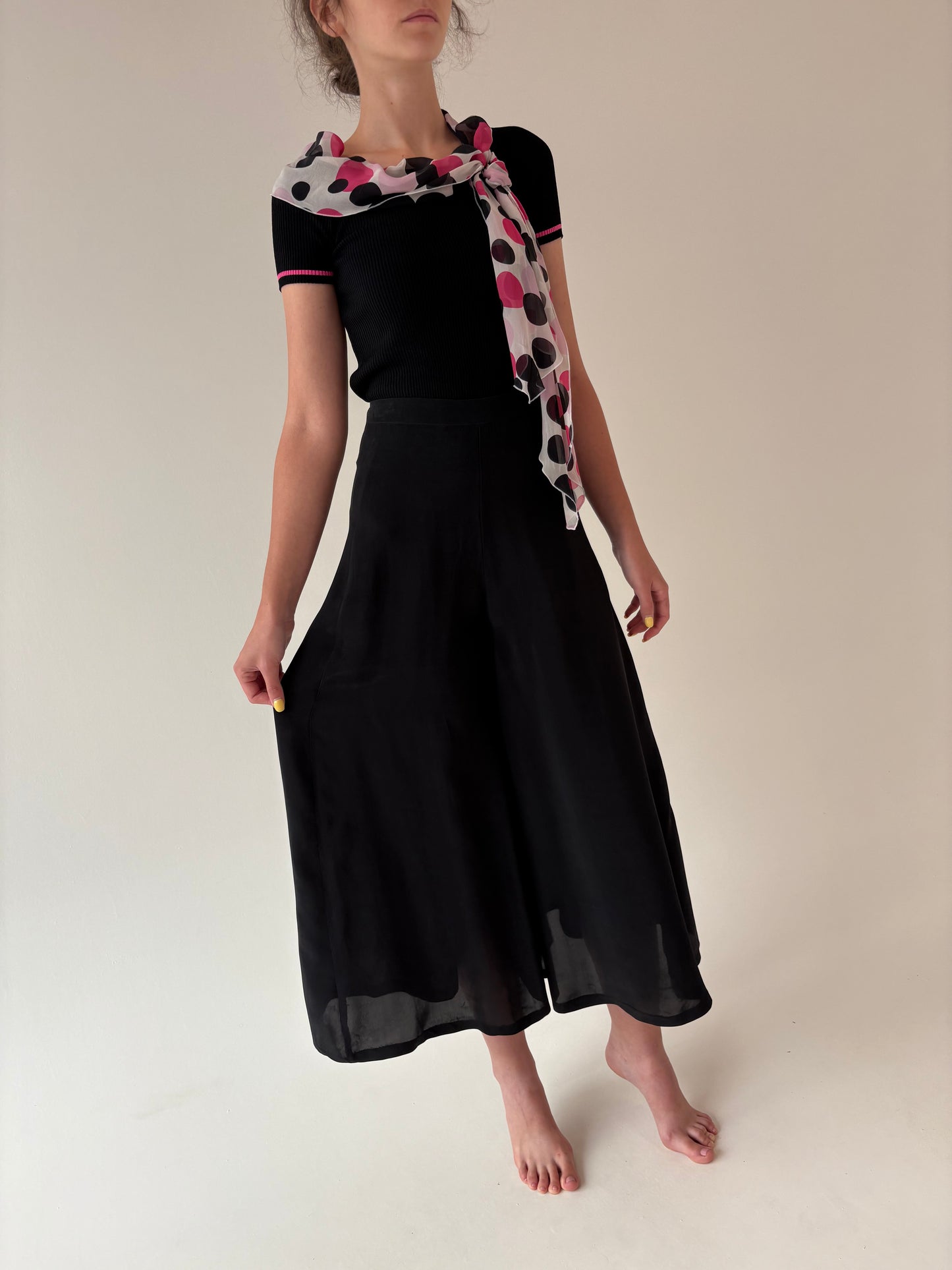 Culottes negri cu talie ultra înaltă din mătase naturală