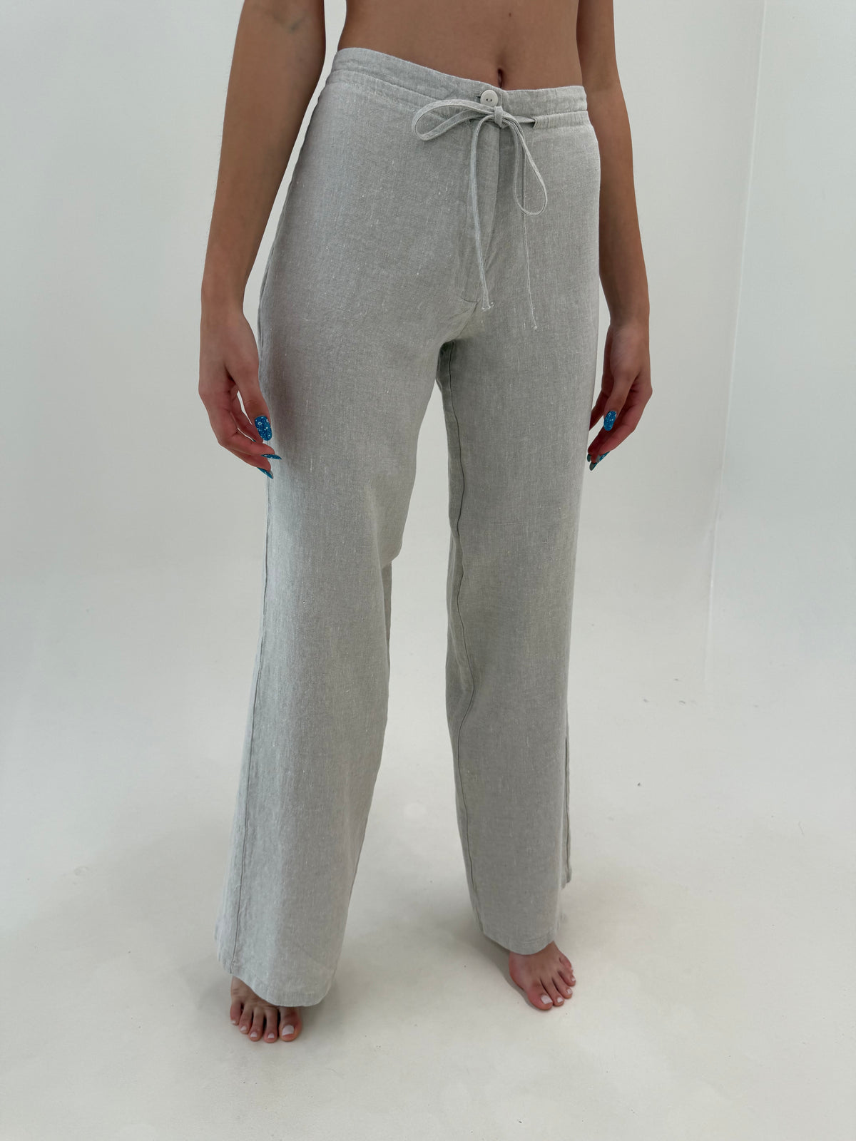 Pantaloni tall din pânză excepțională de in light nude cu talie reglabilă