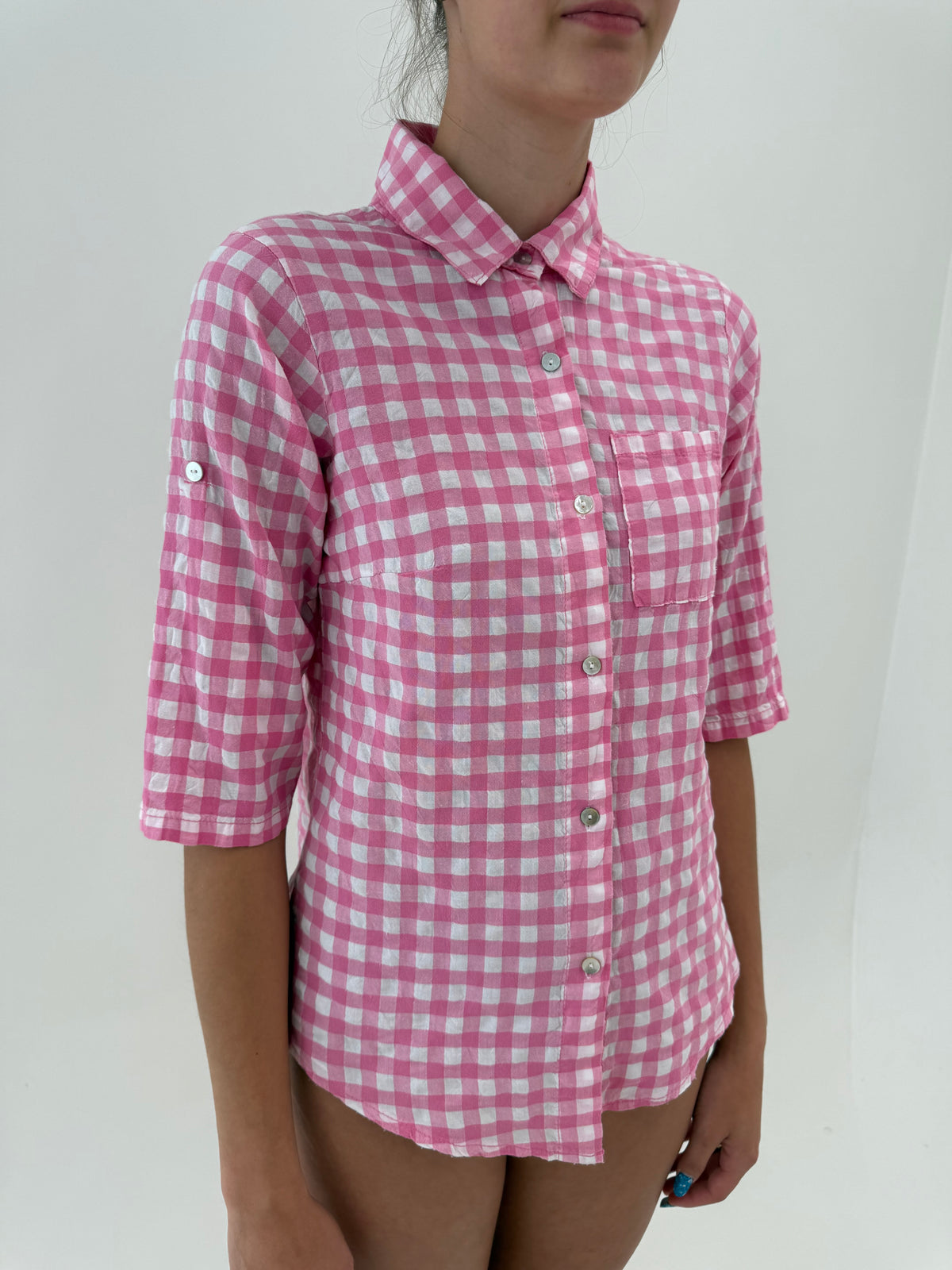 Cămașa gingham barbie Pink din pânză de bumbac cu maneci ușor reglabile