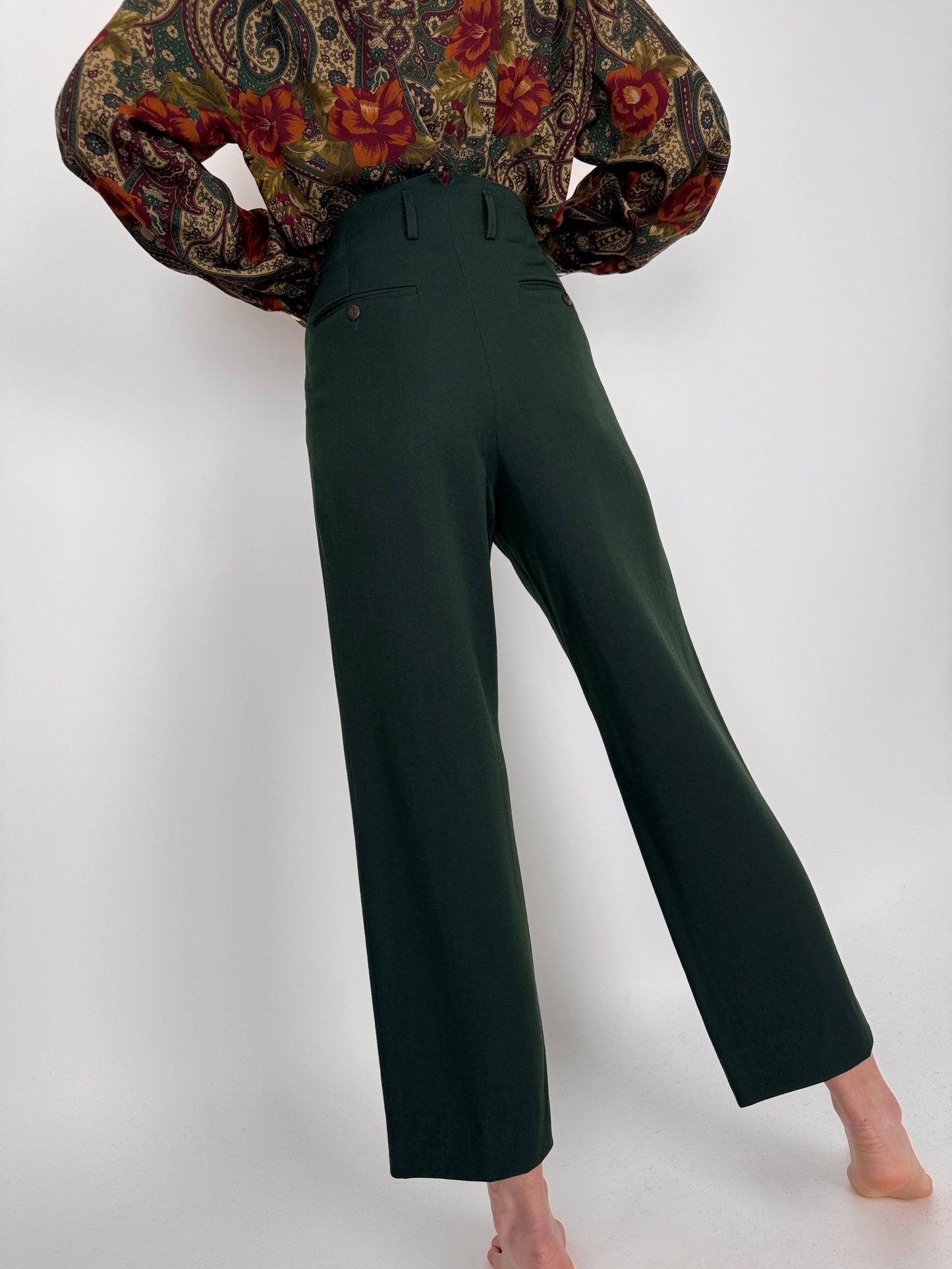 Pantaloni dark green din lana extrafina cu talie ultra înaltă