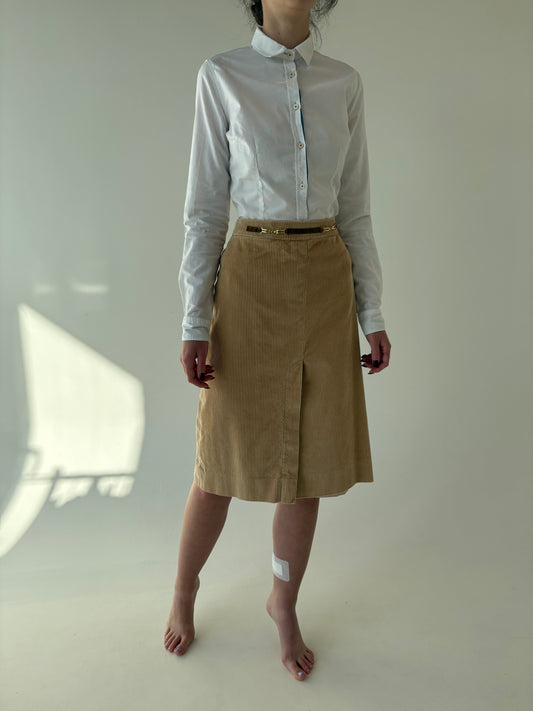 Fustă vintage camel din corduroy în stil Celine cu decorațiune metalică