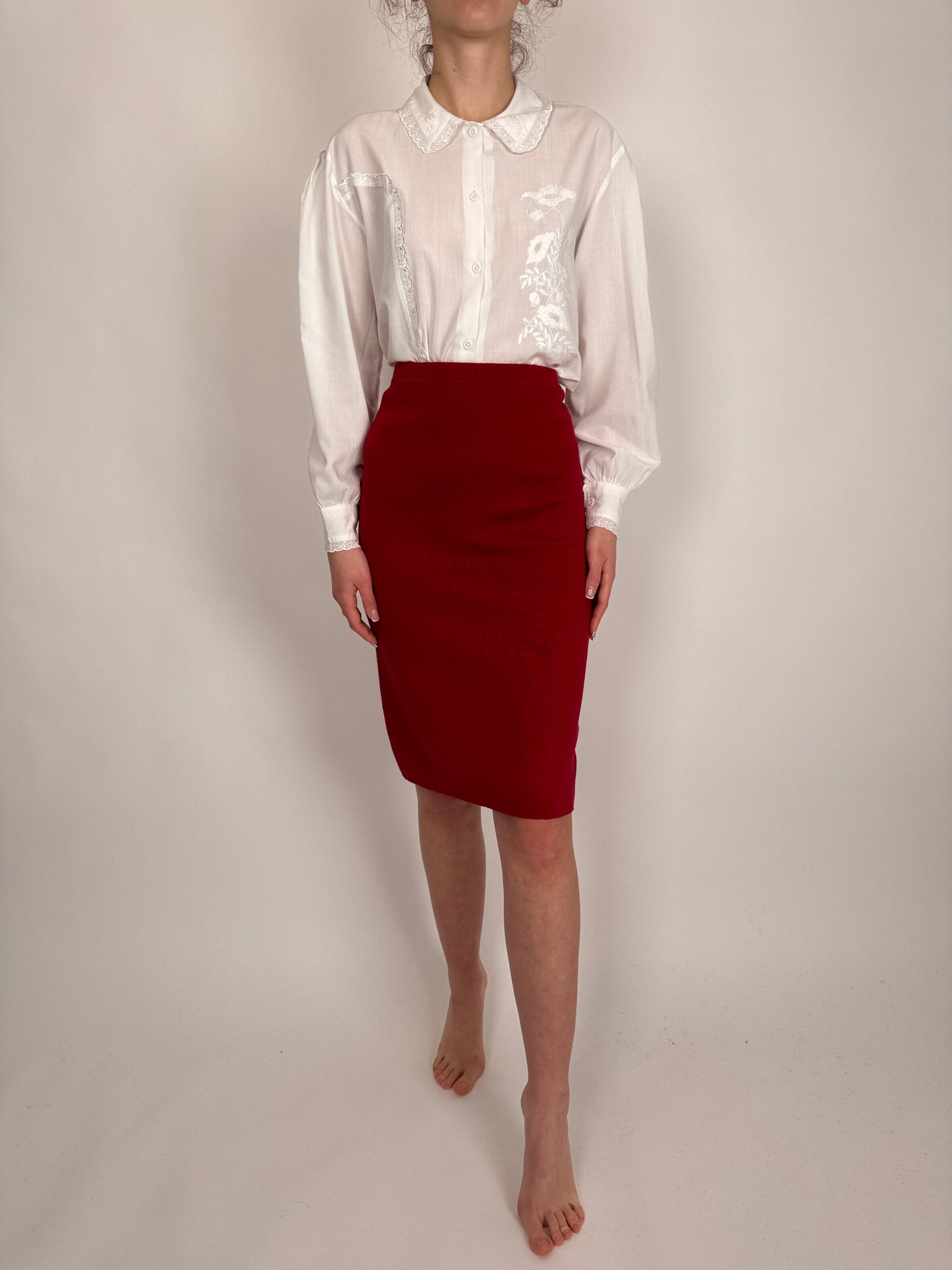 Fustă cherry red cu talie ultra înaltă din jerse de lana extrafina