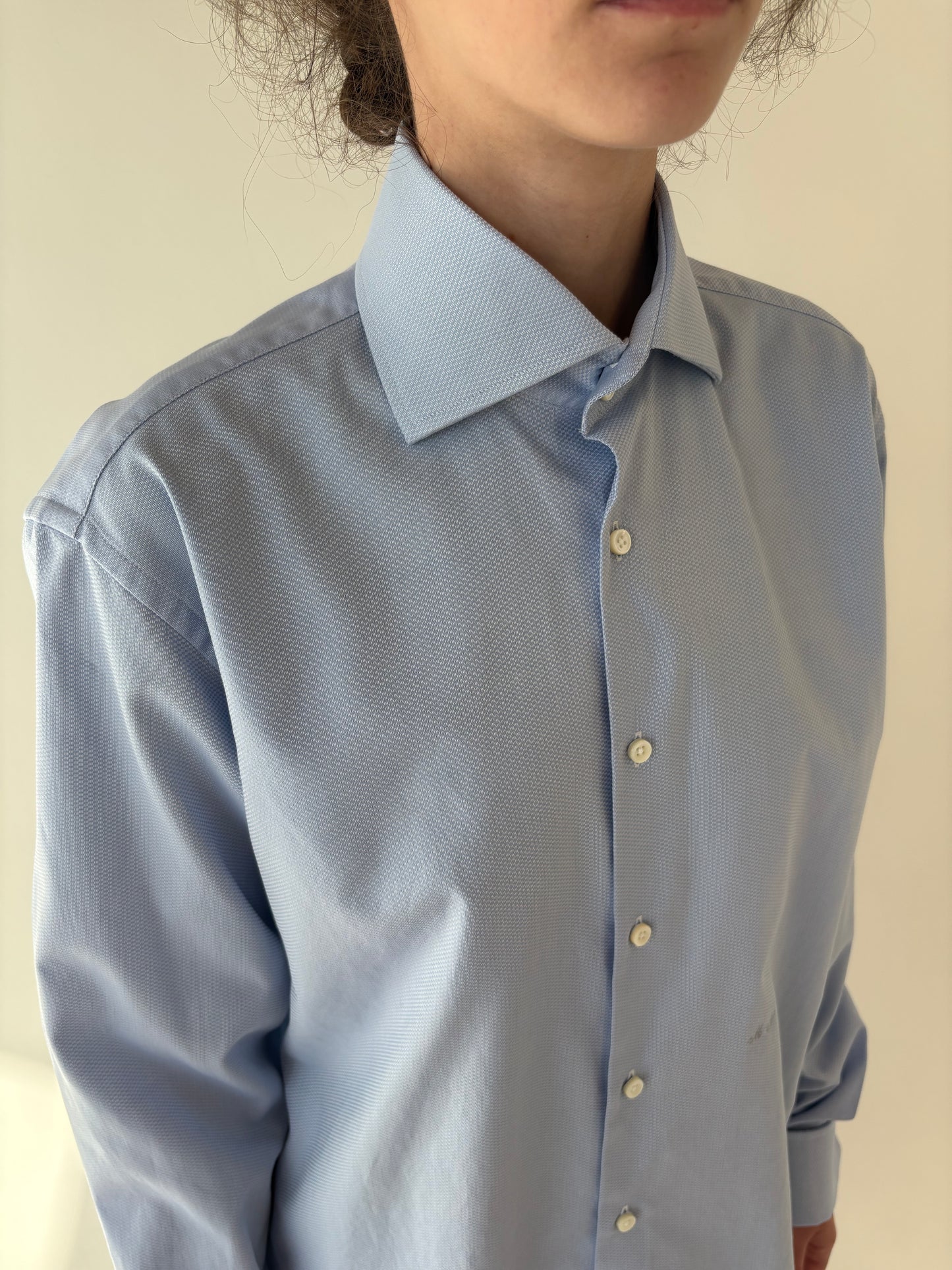 Cămașa italiană super premium baby blue din poplin ușor satinat gros texturat