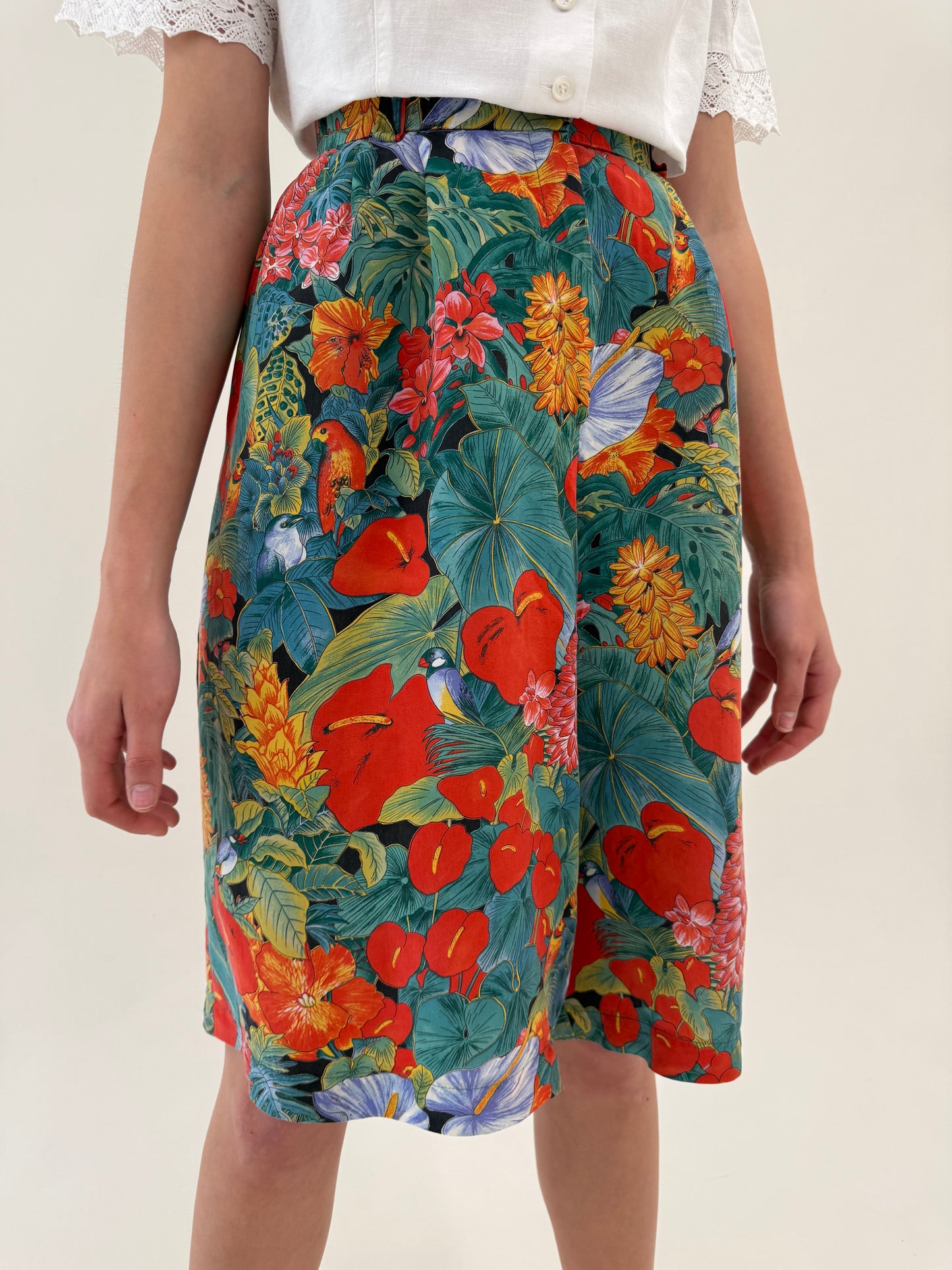Pantaloni midi din mătase naturală cu print floral superb și talie ultra înaltă
