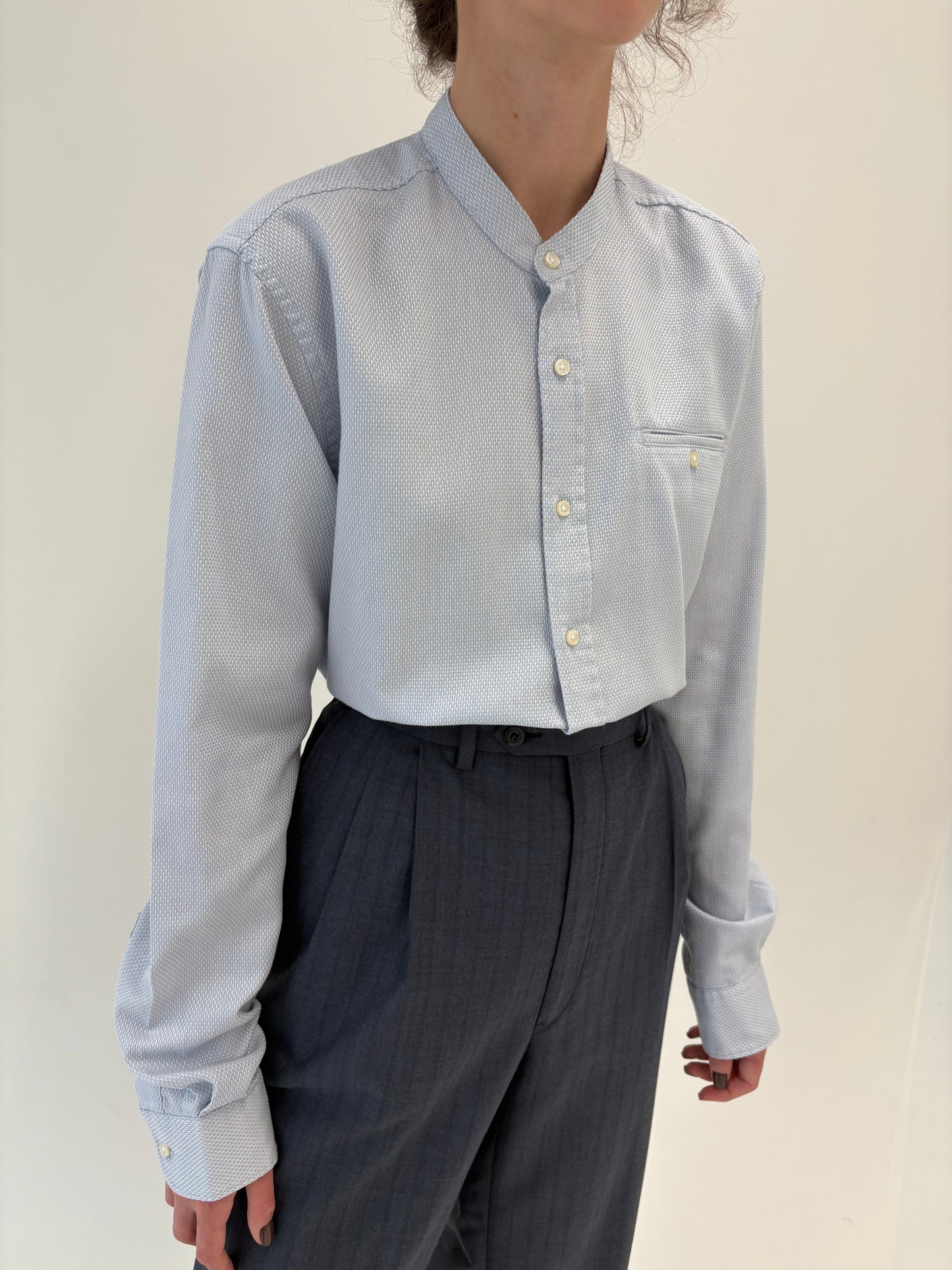 Cămașa baby blue din poplin gros excepțional cu guler rusesc