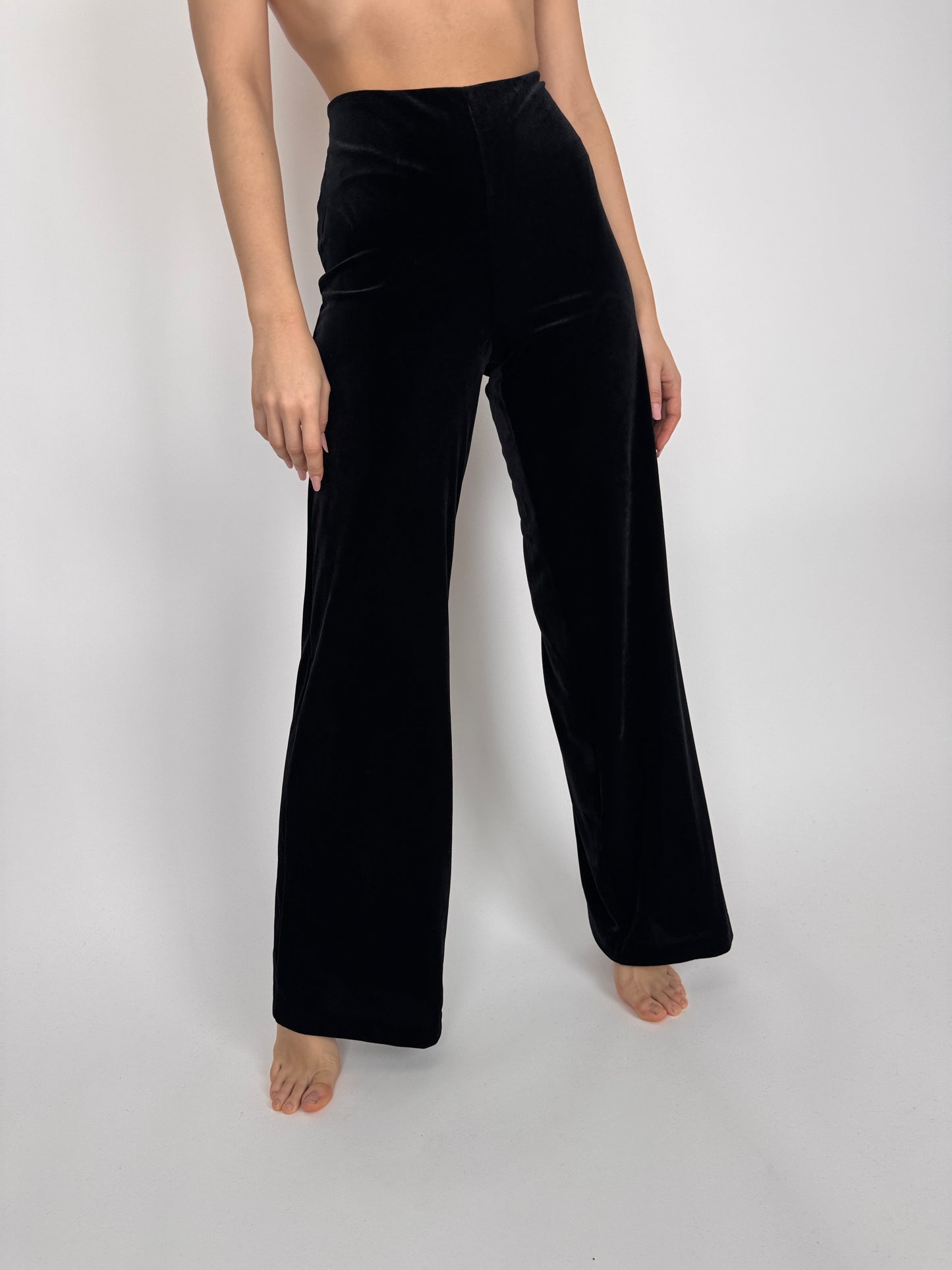 Pantaloni tall din catifea neagră de bumbac strech cu talie ultra înaltă