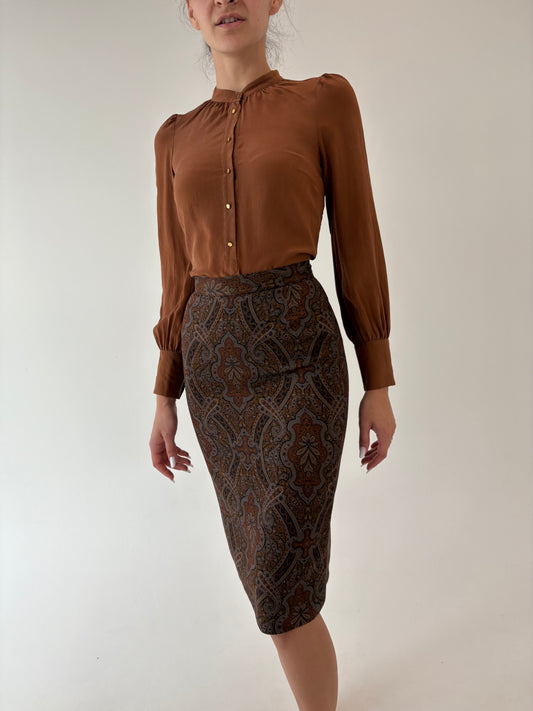 Fustă vintage din lanita extrafina conică cu talie înaltă și print paisley