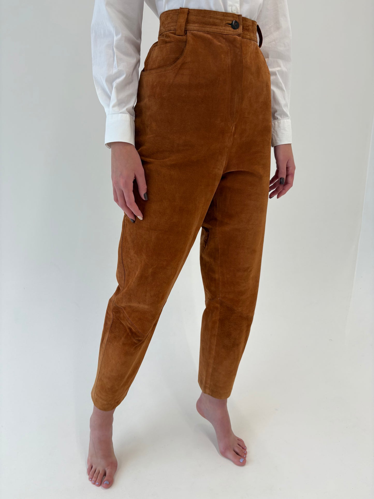 Pantaloni caramel tall din piele naturală cu talie ultra ultra înaltă