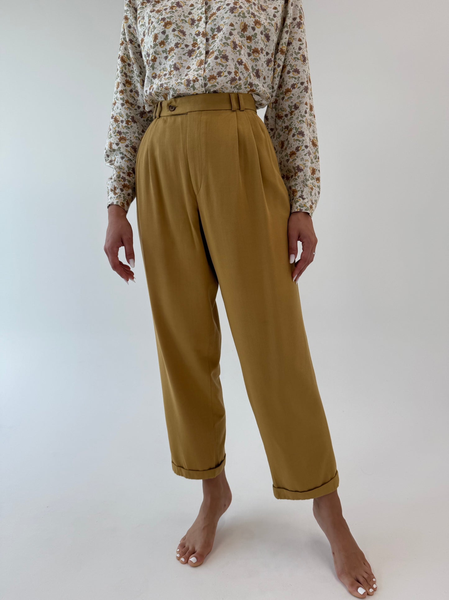 Pantaloni vintage camel din bumbac super gros cu pense și manșete