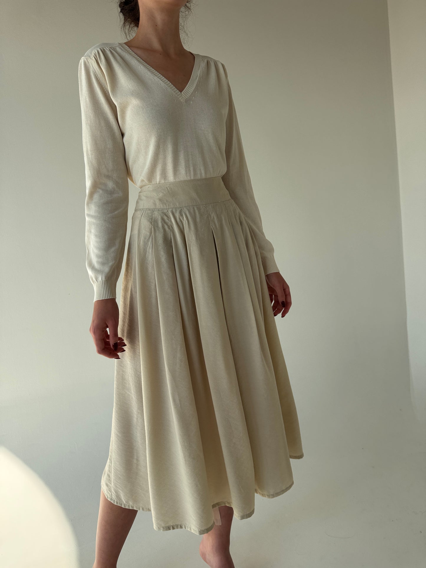 Fustă vintage extrem de amplă light nude din bumbac cu talie ultra marcată
