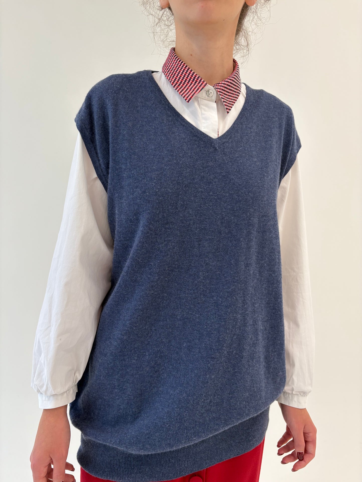 Vestă / top jeans blue din mătase naturală și cașmir