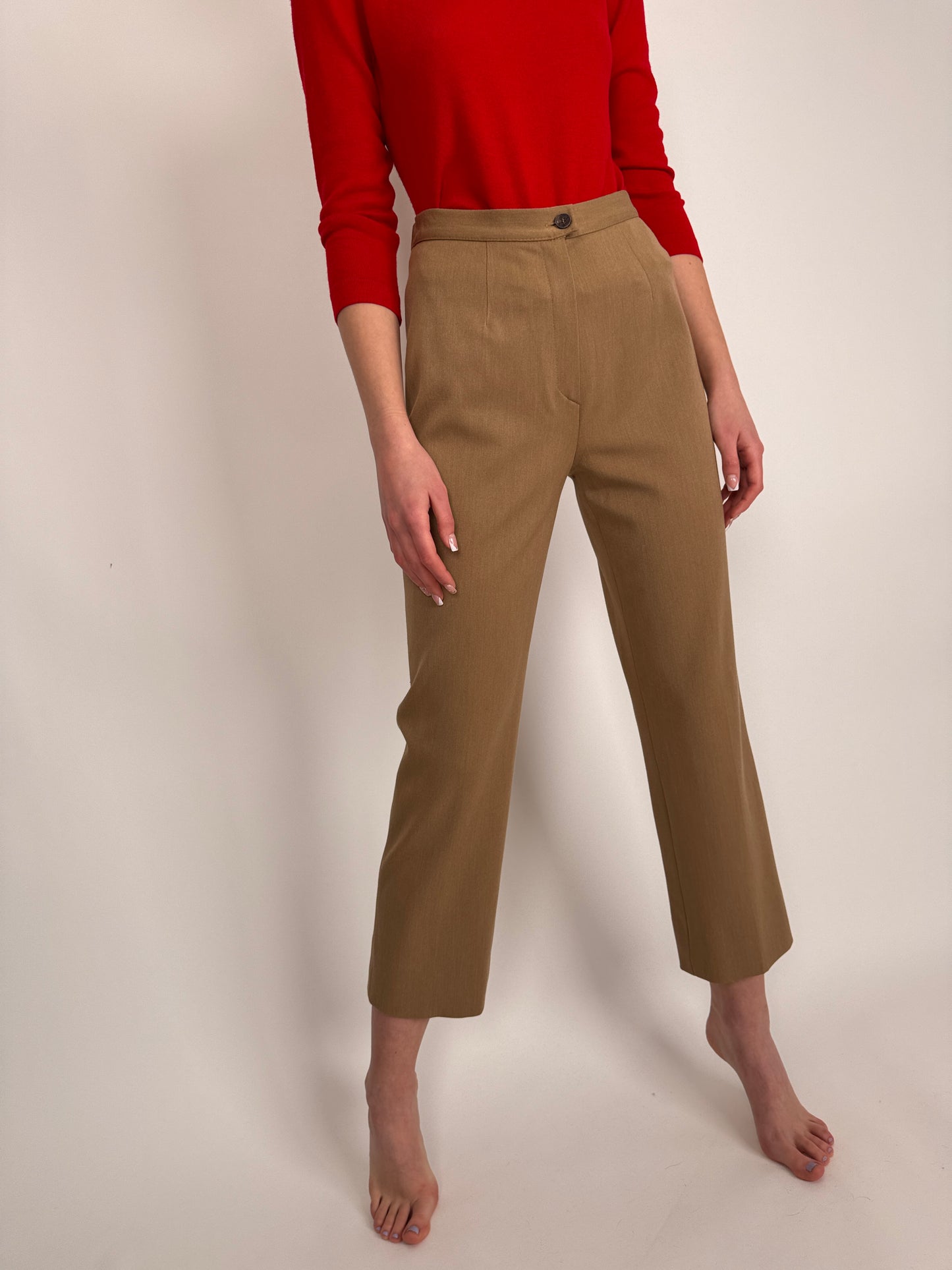 Pantaloni business camel strech cu talie înaltă