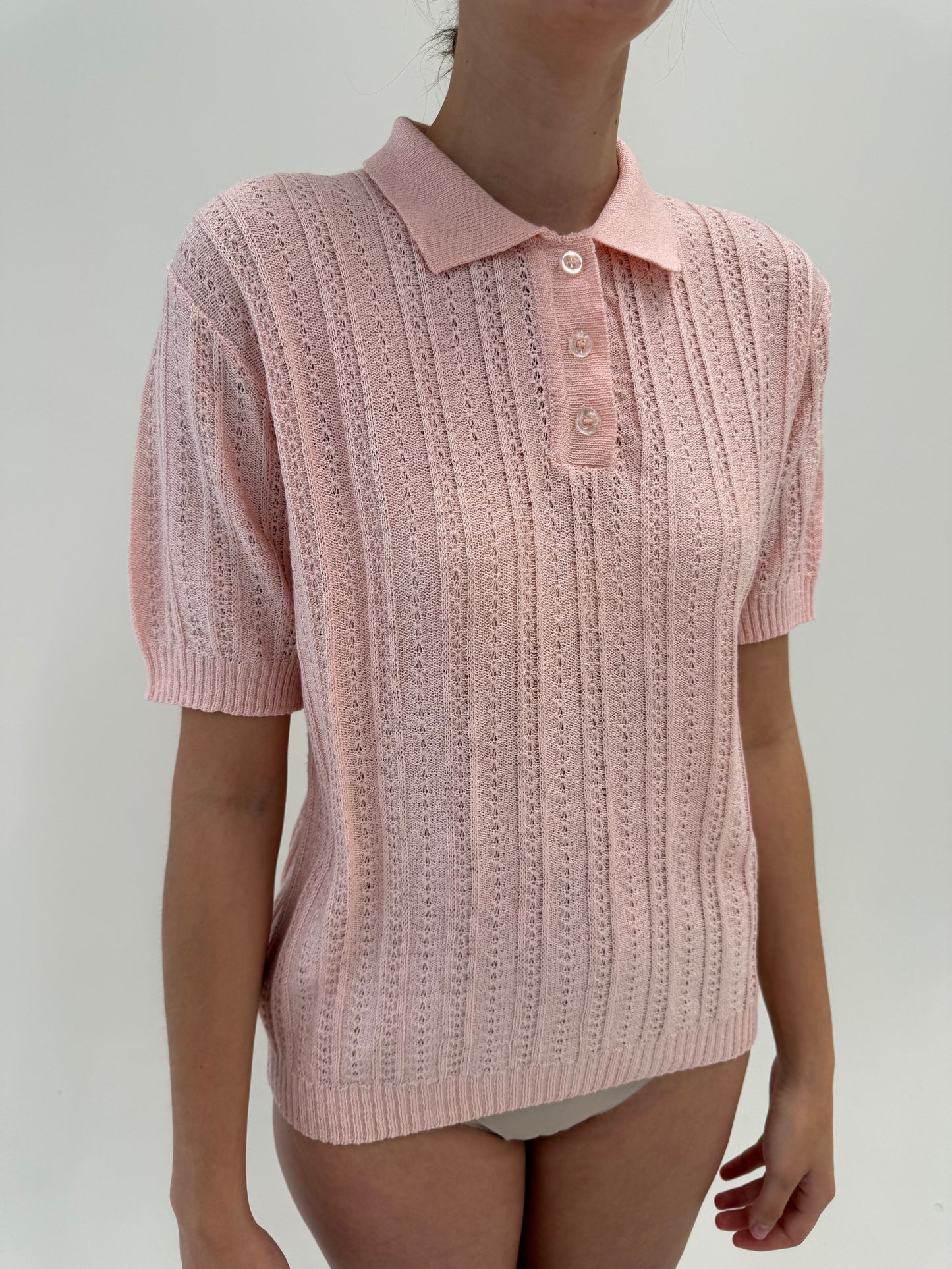 Top vintage polo din jerse dantelat powder Pink